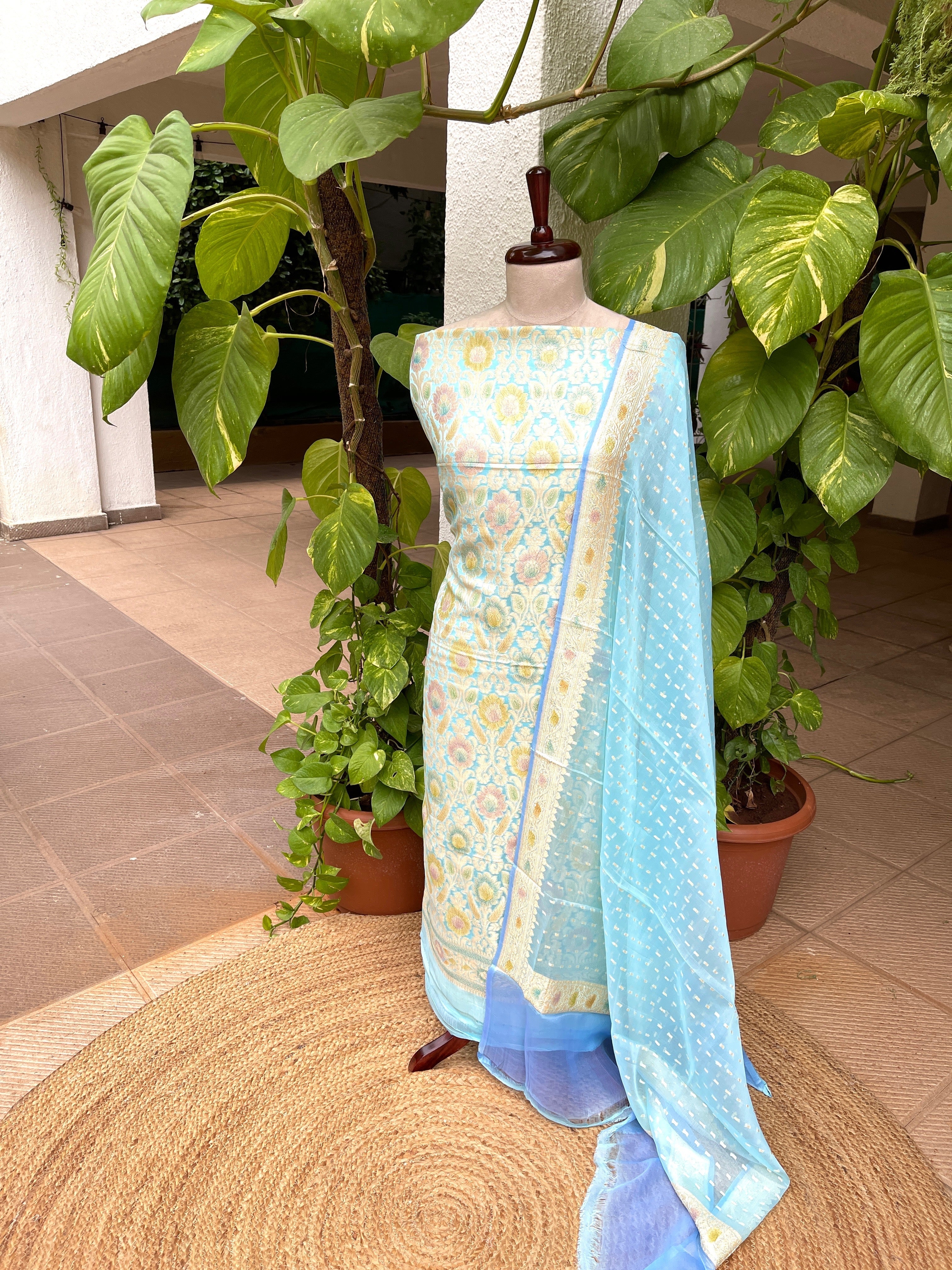 Sky Handwoven Khaddi 3 - Piece Suit Set in Pure Georgette - Masakalee