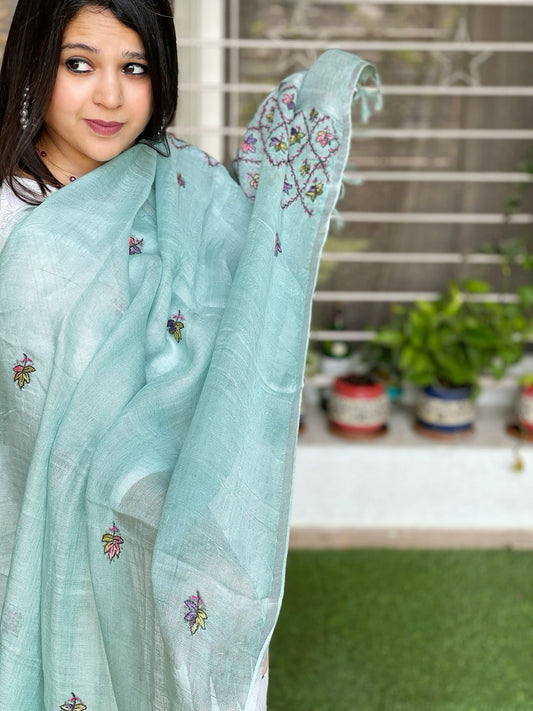 Sozni Hand Embroidery Dupatta in Pure Linen - Masakalee