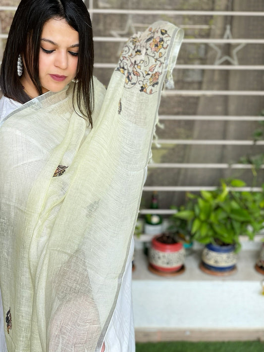 Sozni Hand Embroidery Dupatta in Pure Linen - Masakalee