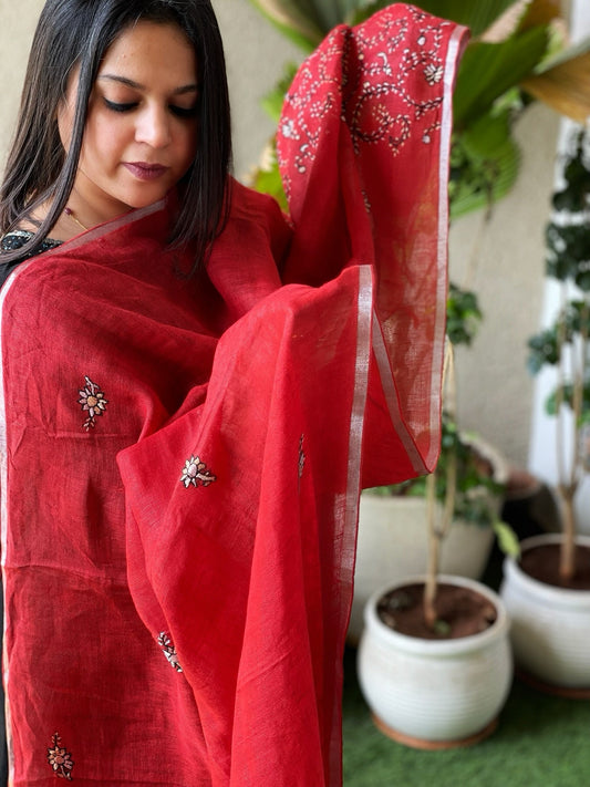 Sozni Hand Embroidery Dupatta in Pure Linen - Masakalee