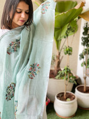 Sozni Hand Embroidery Dupatta in Pure Linen - Masakalee