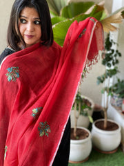 Sozni Hand Embroidery Dupatta in Pure Linen - Masakalee