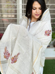 Sozni Hand Embroidery Dupatta in Pure Linen - Masakalee