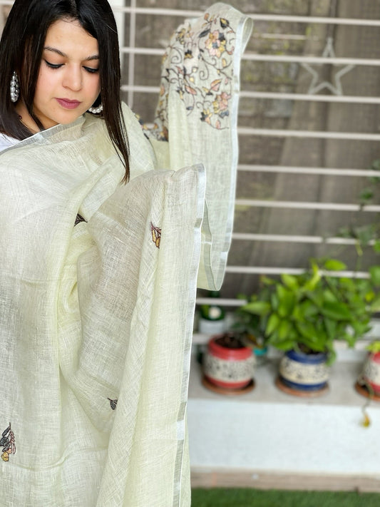 Sozni Hand Embroidery Dupatta in Pure Linen - Masakalee