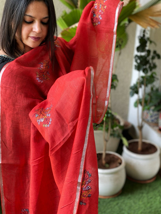 Sozni Hand Embroidery Dupatta in Pure Linen - Masakalee