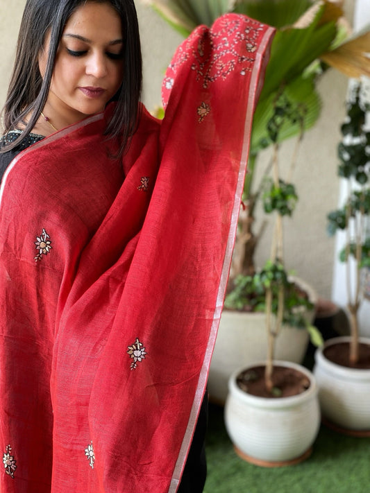 Sozni Hand Embroidery Dupatta in Pure Linen - Masakalee