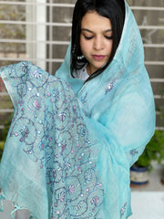 Sozni Hand Embroidery Dupatta in Pure Linen - Masakalee