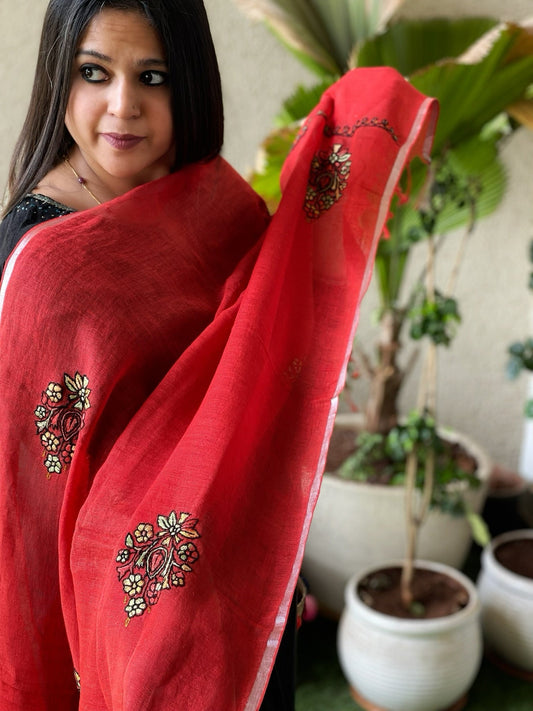 Sozni Hand Embroidery Dupatta in Pure Linen - Masakalee