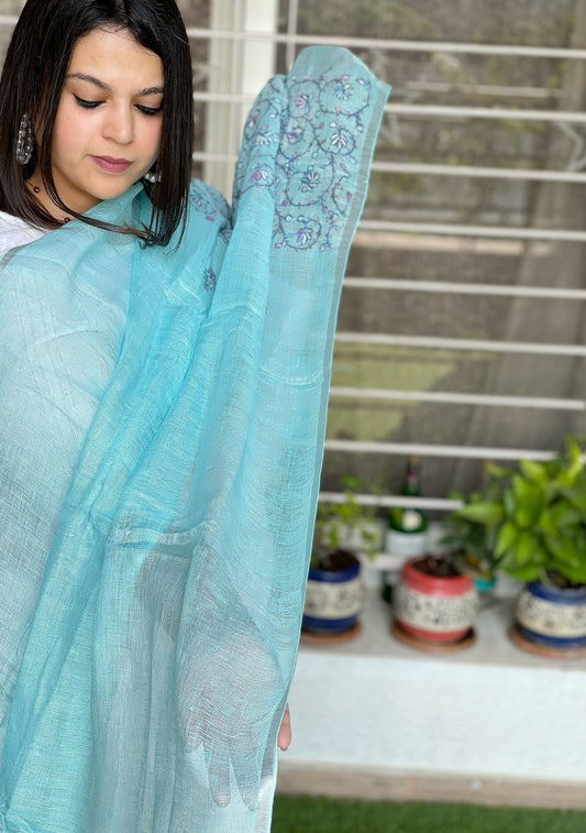 Sozni Hand Embroidery Dupatta in Pure Linen - Masakalee