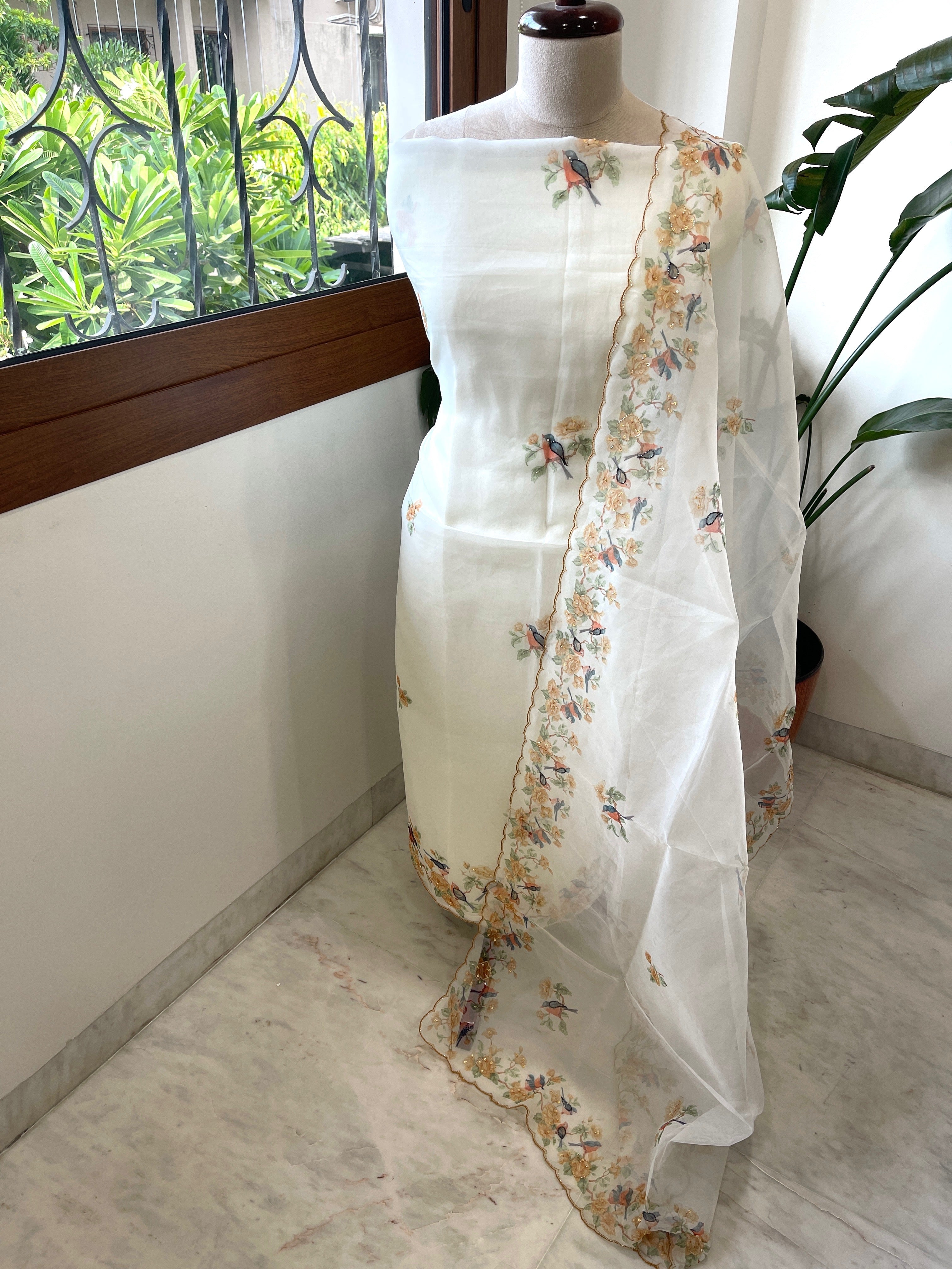 Suit Set with Bird Print & Cut Dana Handwork in Organza - Masakalee