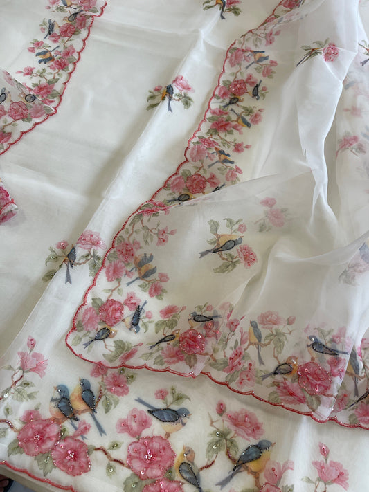 Suit Set with Bird Print & Cut Dana Handwork in Organza - Masakalee