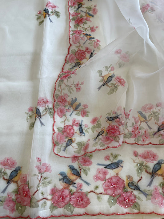 Suit Set with Bird Print & Cut Dana Handwork in Organza - Masakalee