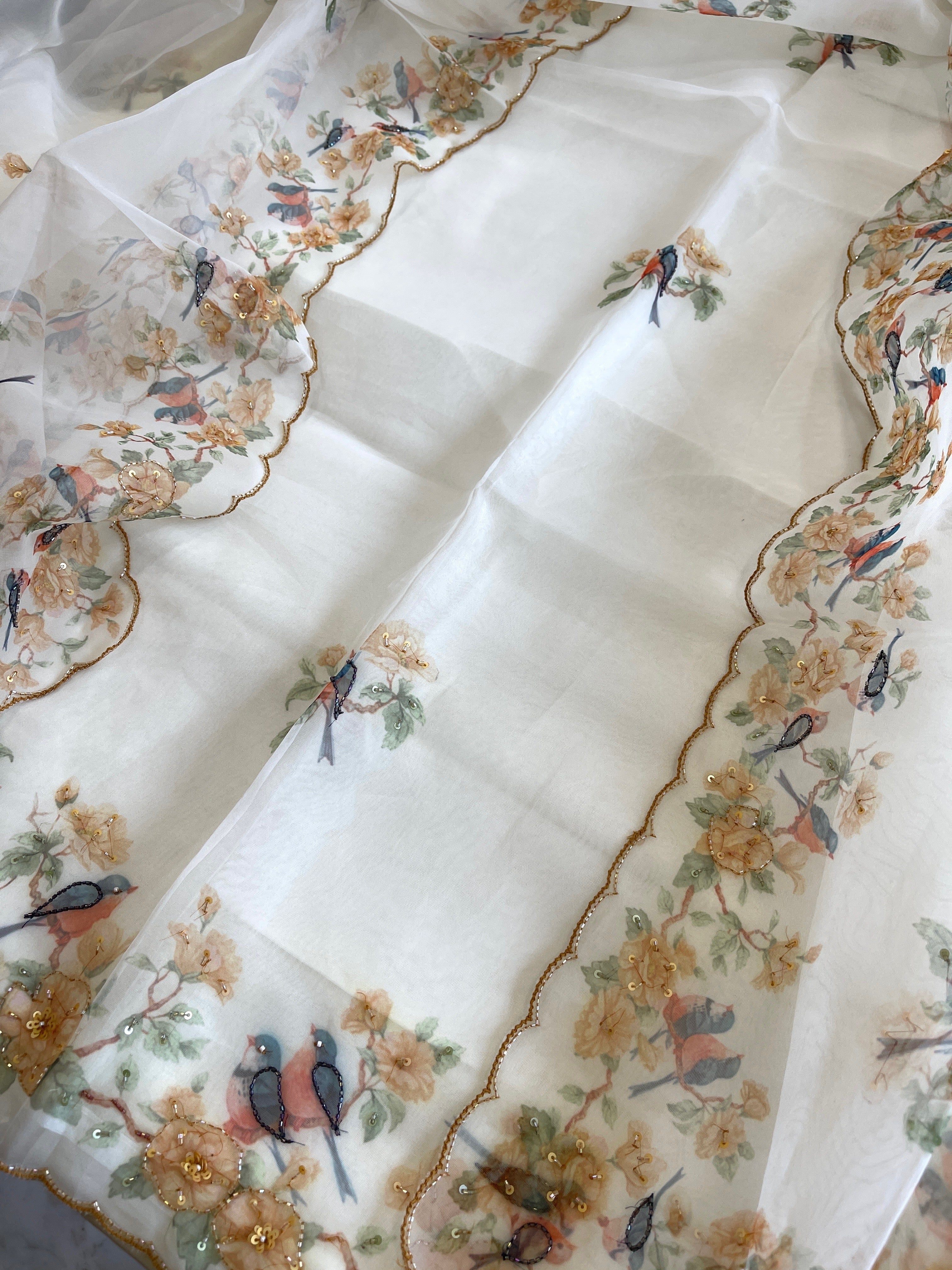 Suit Set with Bird Print & Cut Dana Handwork in Organza - Masakalee
