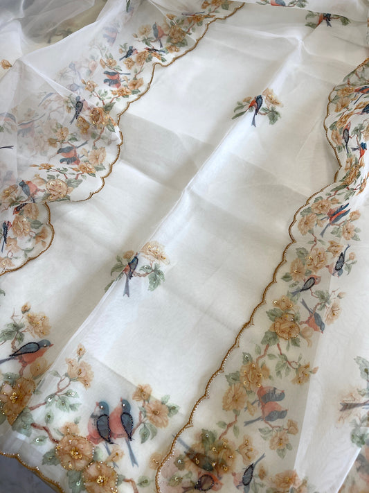 Suit Set with Bird Print & Cut Dana Handwork in Organza - Masakalee
