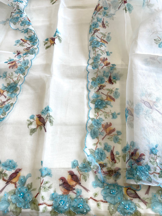 Suit Set with Bird Print & Cut Dana Handwork in Organza - Masakalee