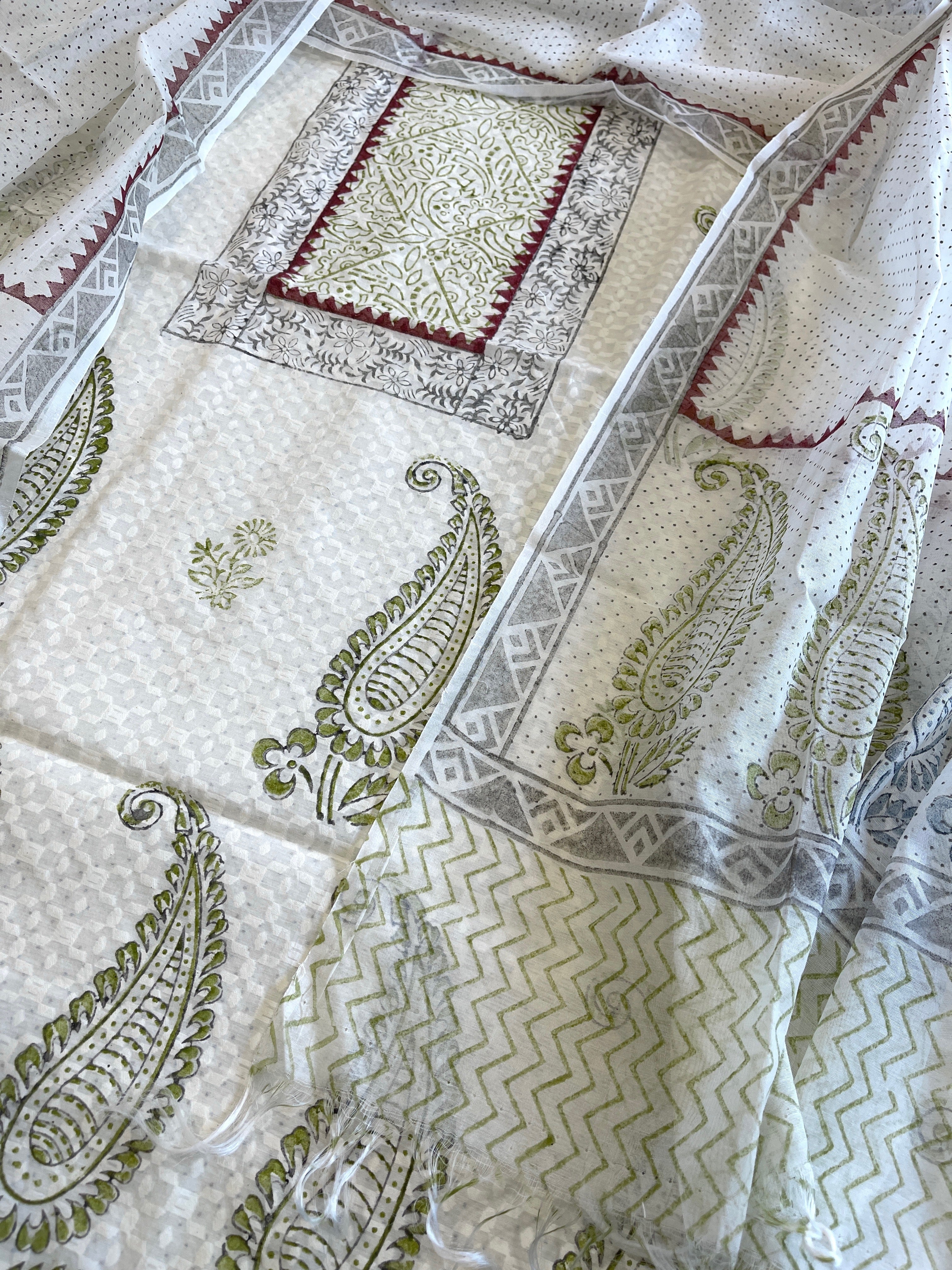 Suit Set with Block Print in Pure Mul Chanderi - Masakalee