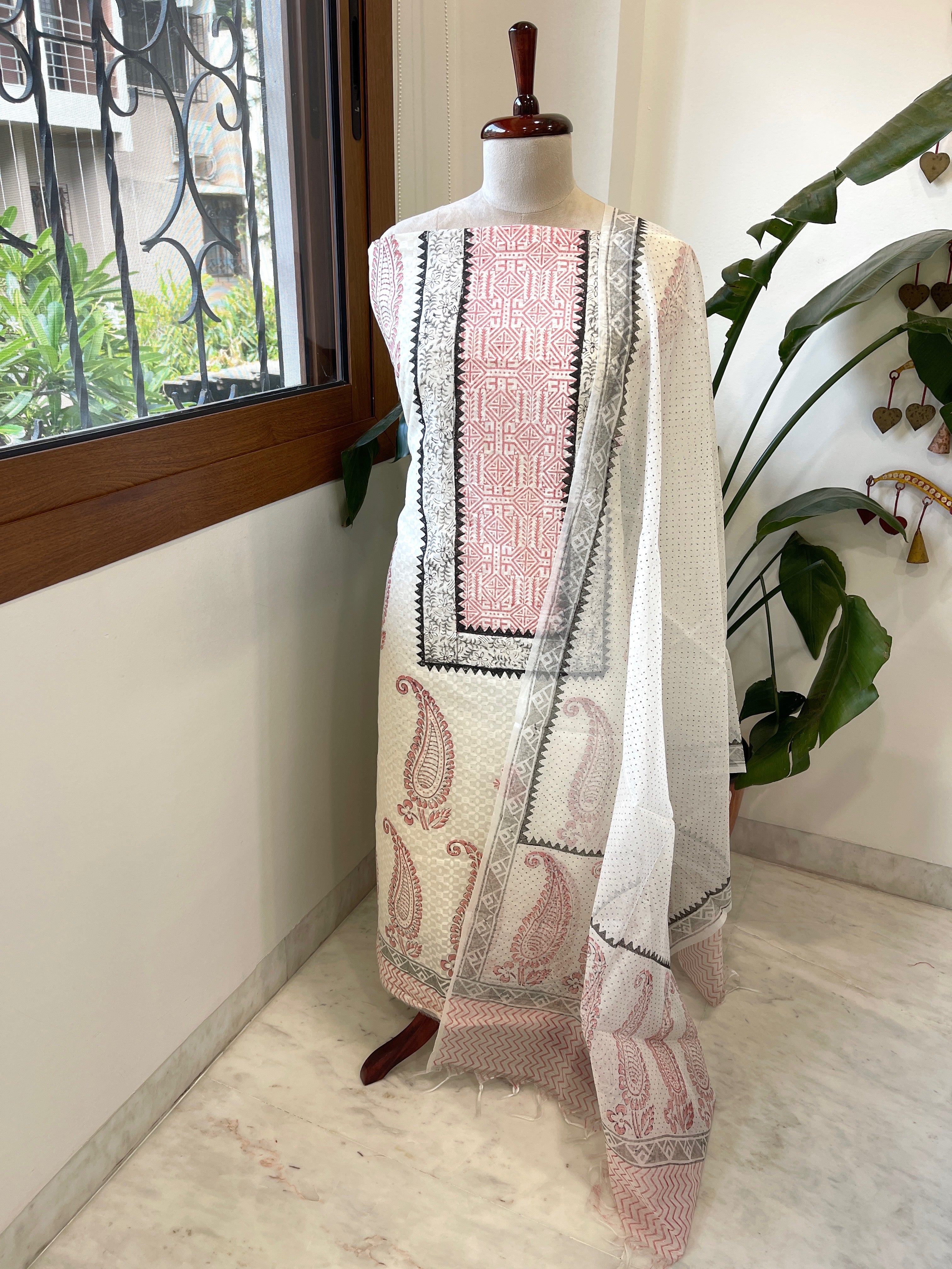 Suit Set with Block Print in Pure Mul Chanderi - Masakalee