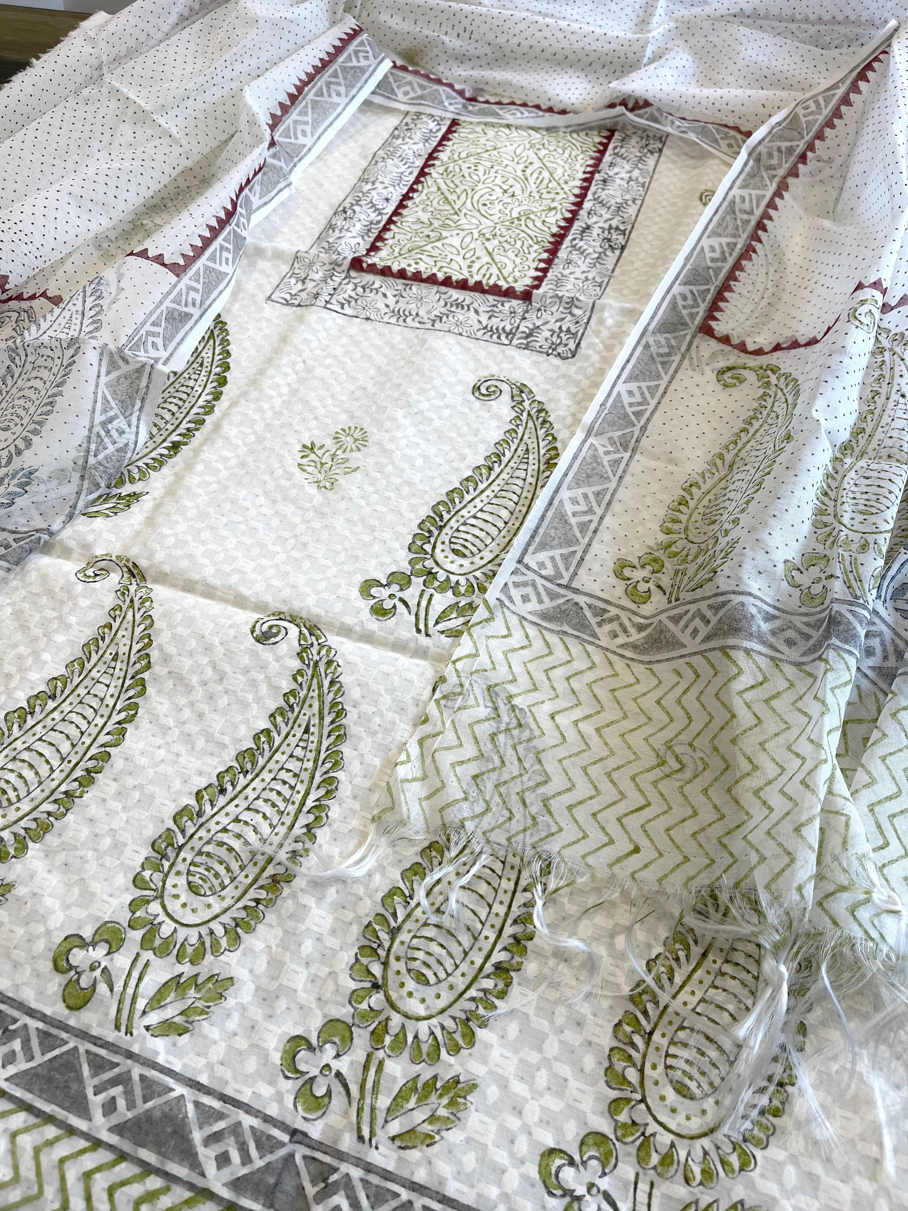 Suit Set with Block Print in Pure Mul Chanderi - Masakalee