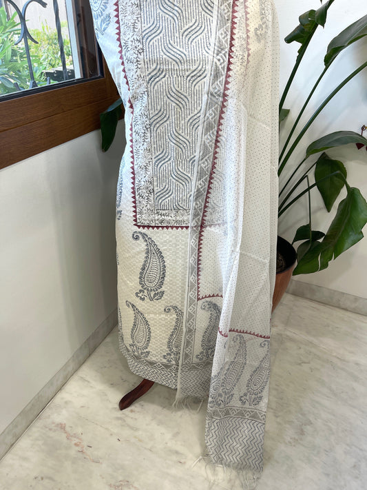 Suit Set with Block Print in Pure Mul Chanderi - Masakalee
