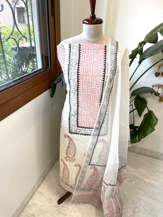 Suit Set with Block Print in Pure Mul Chanderi - Masakalee