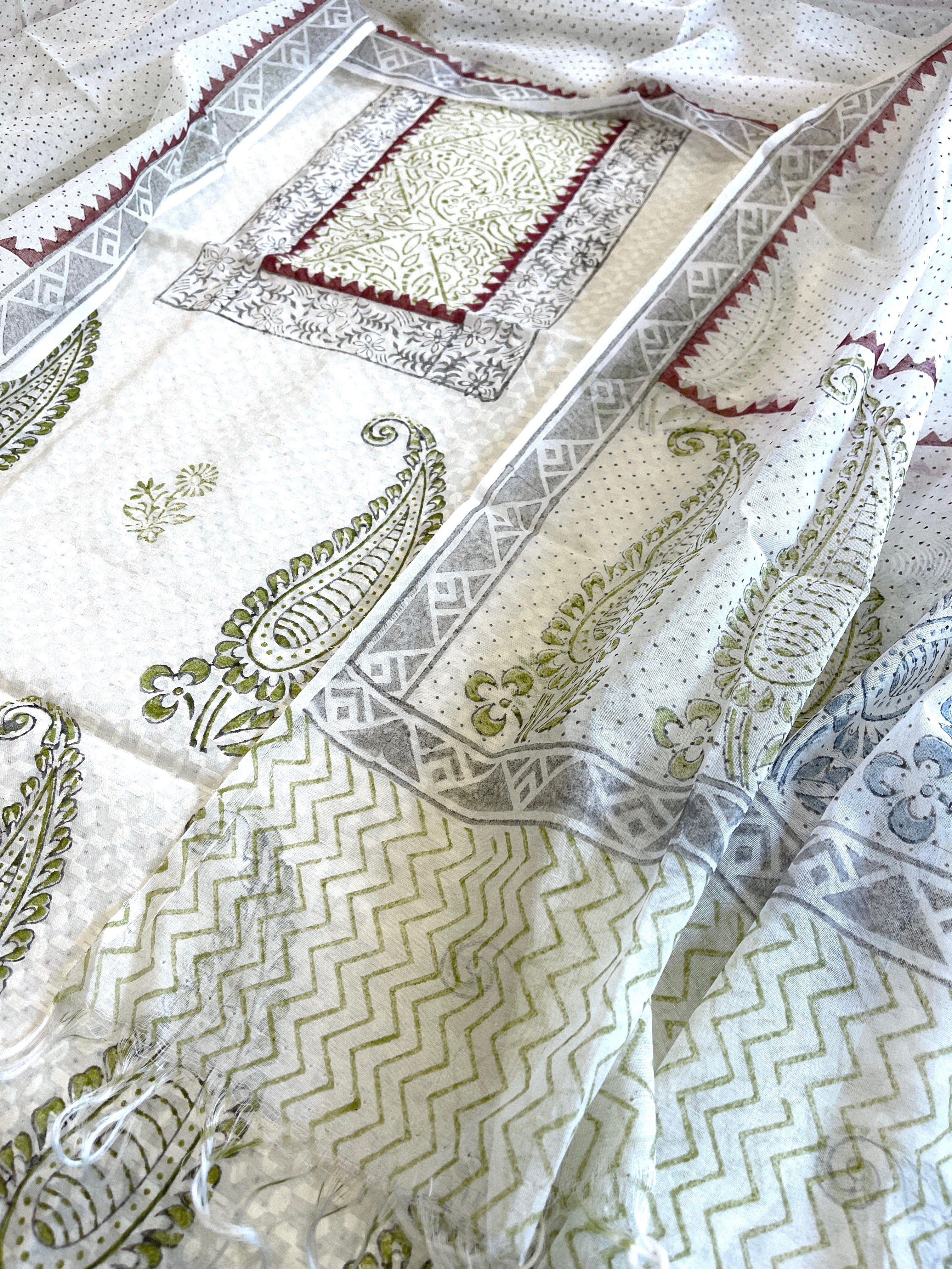 Suit Set with Block Print in Pure Mul Chanderi - Masakalee