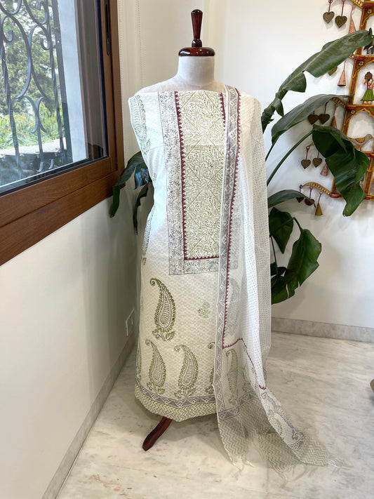 Suit Set with Block Print in Pure Mul Chanderi - Masakalee