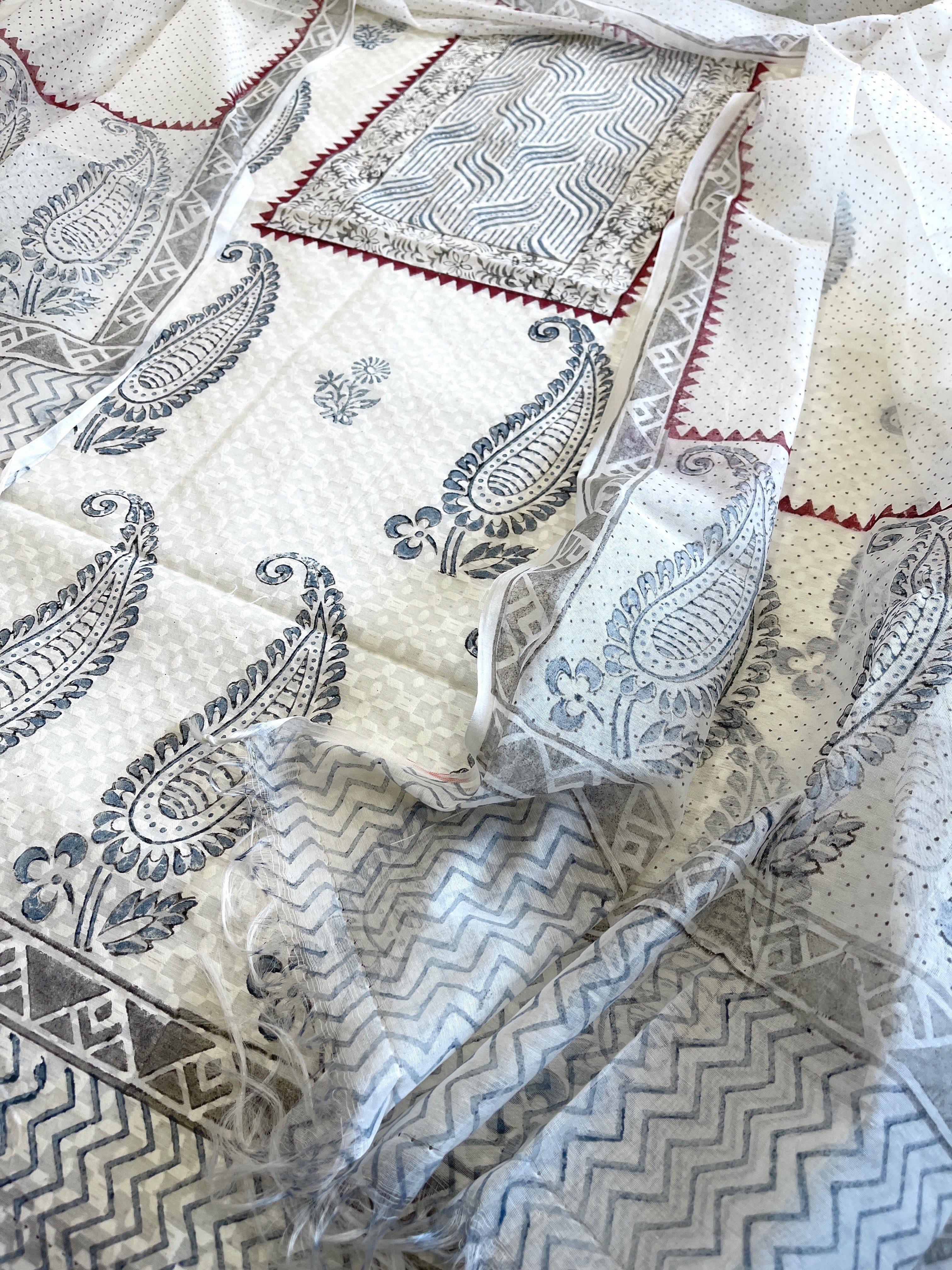 Suit Set with Block Print in Pure Mul Chanderi - Masakalee
