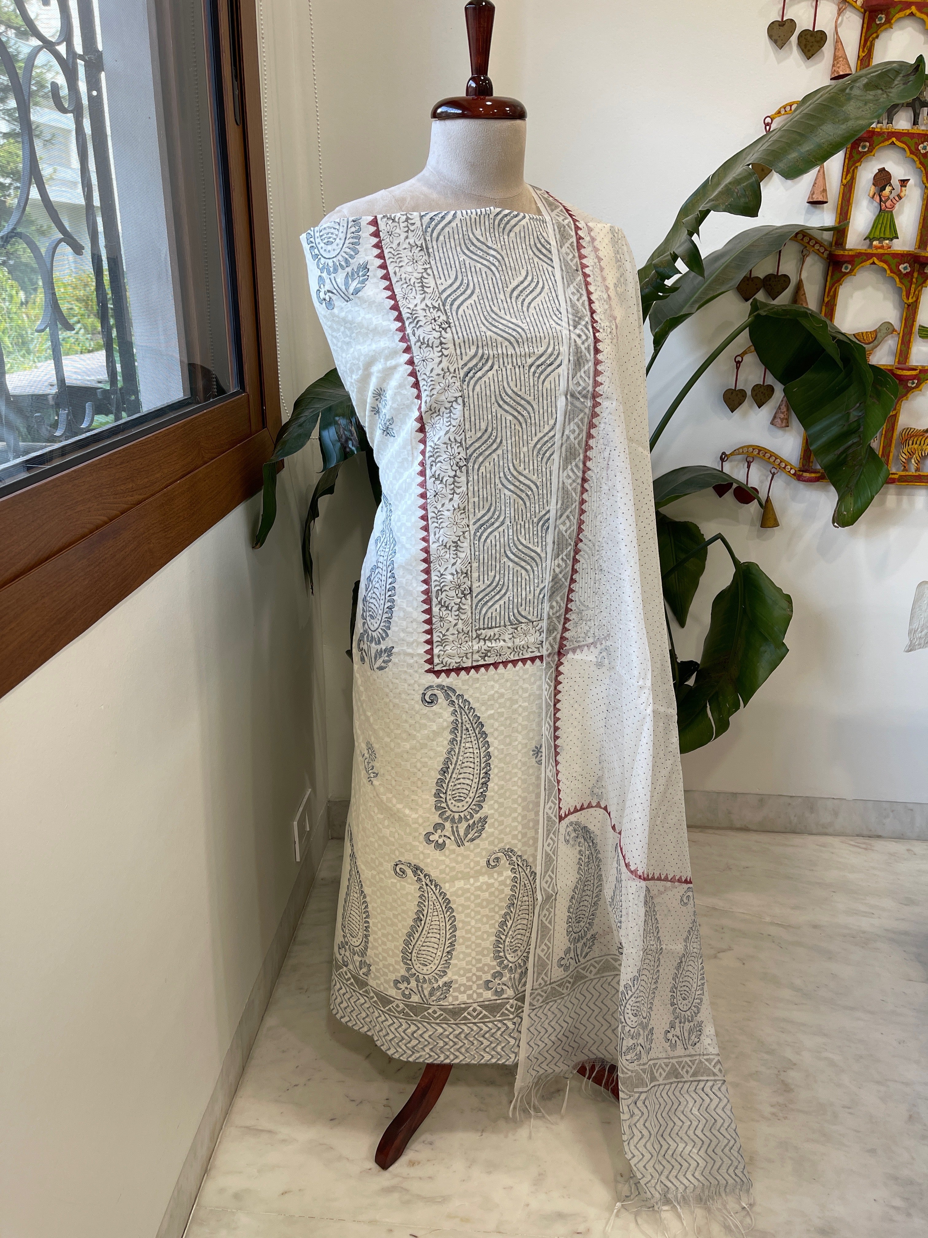Suit Set with Block Print in Pure Mul Chanderi - Masakalee