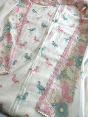 Suit Set with Flamingo and Floral Embroidery in Chanderi - Masakalee