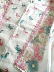 Suit Set with Flamingo and Floral Embroidery in Chanderi - Masakalee