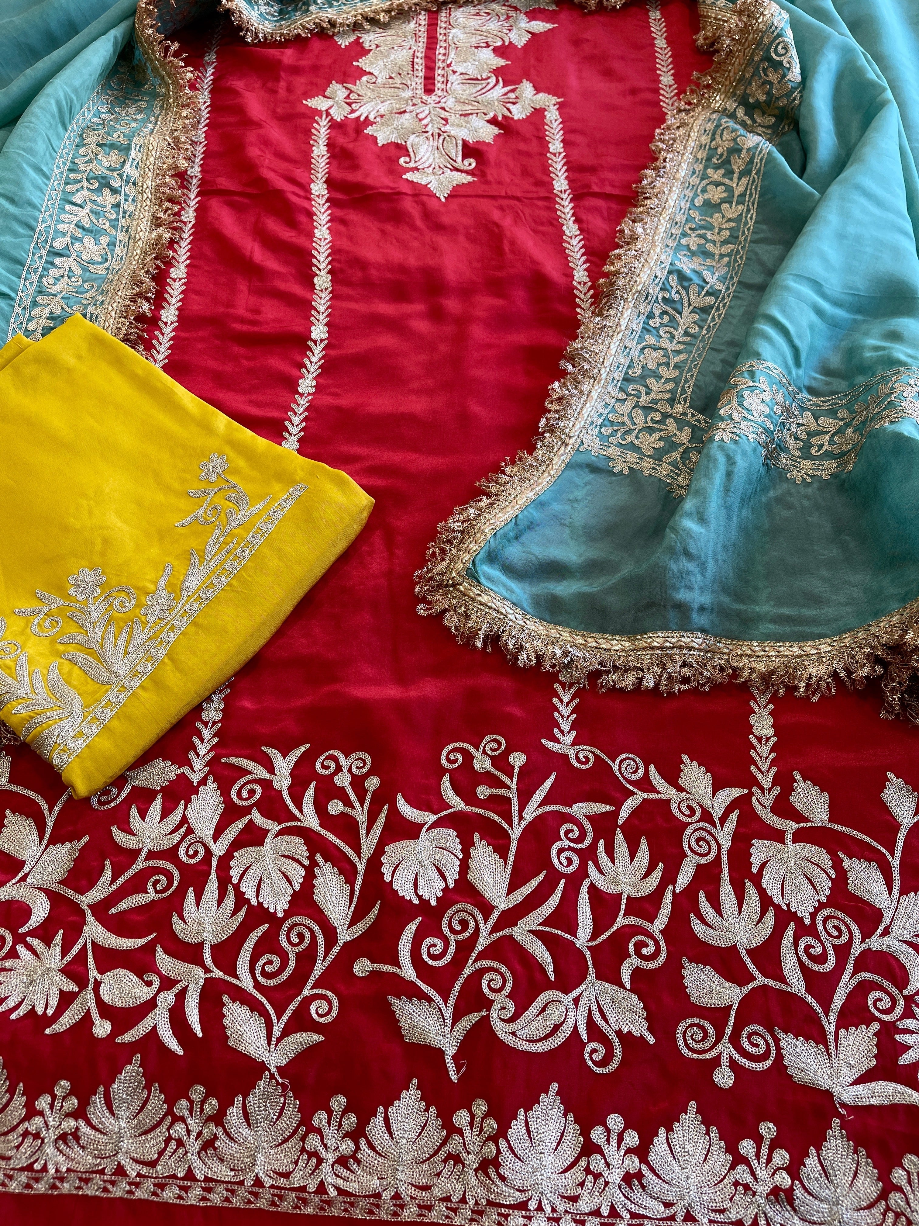 Suit Set with Kashmiri Tilla Work in Crepe - Masakalee