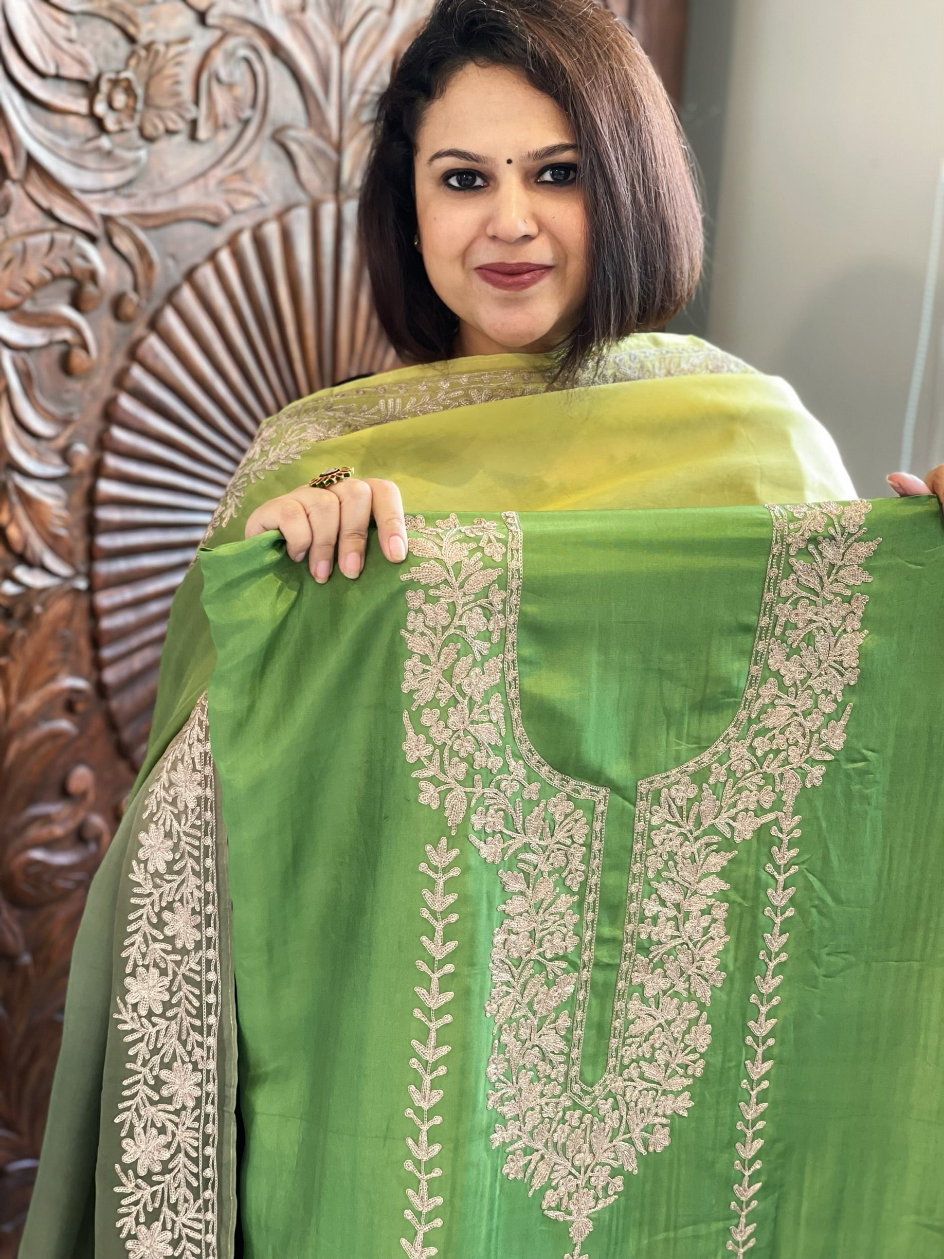 Suit Set with Kashmiri Tilla Work in Dola Silk - Masakalee