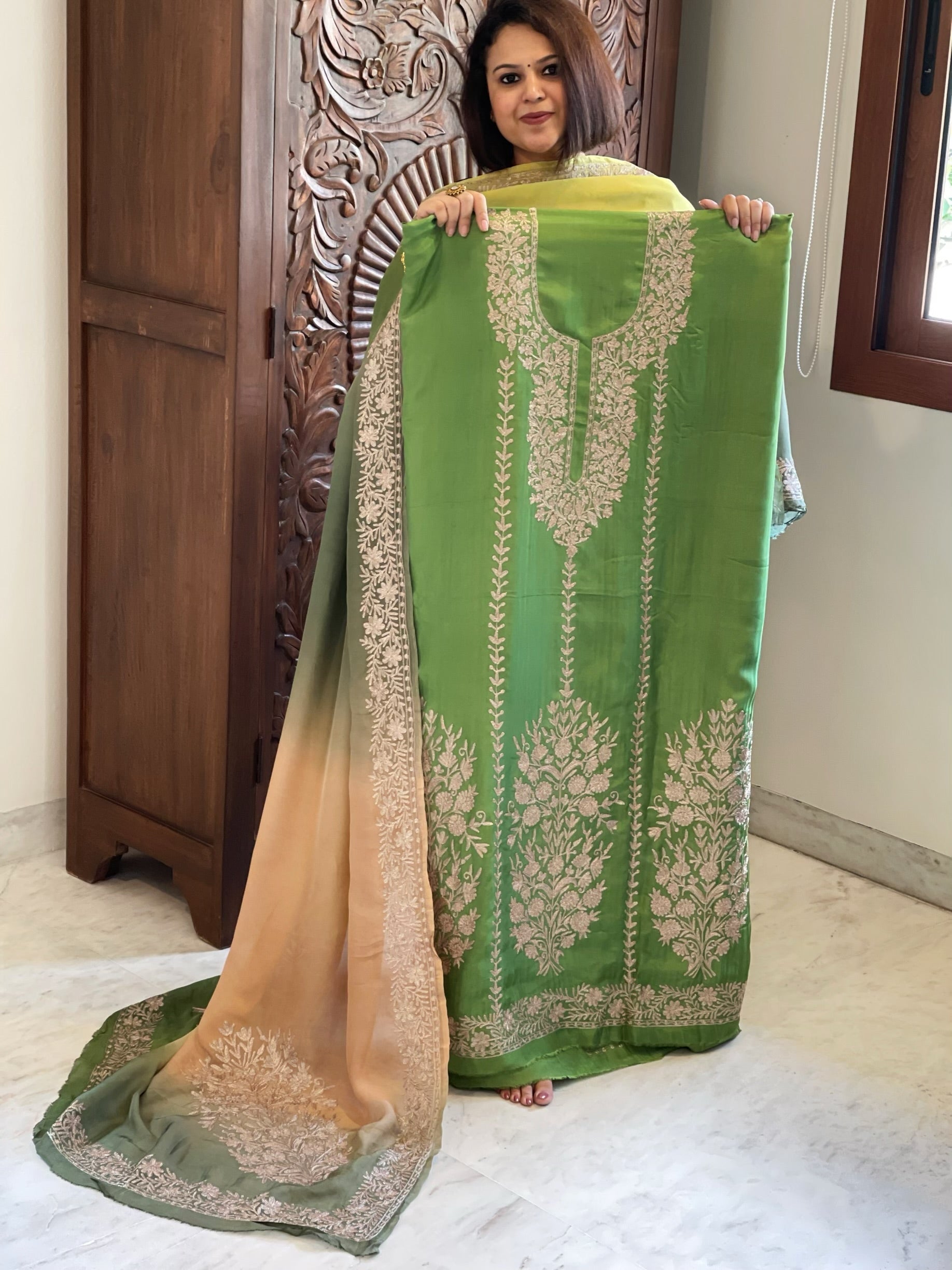 Suit Set with Kashmiri Tilla Work in Dola Silk - Masakalee