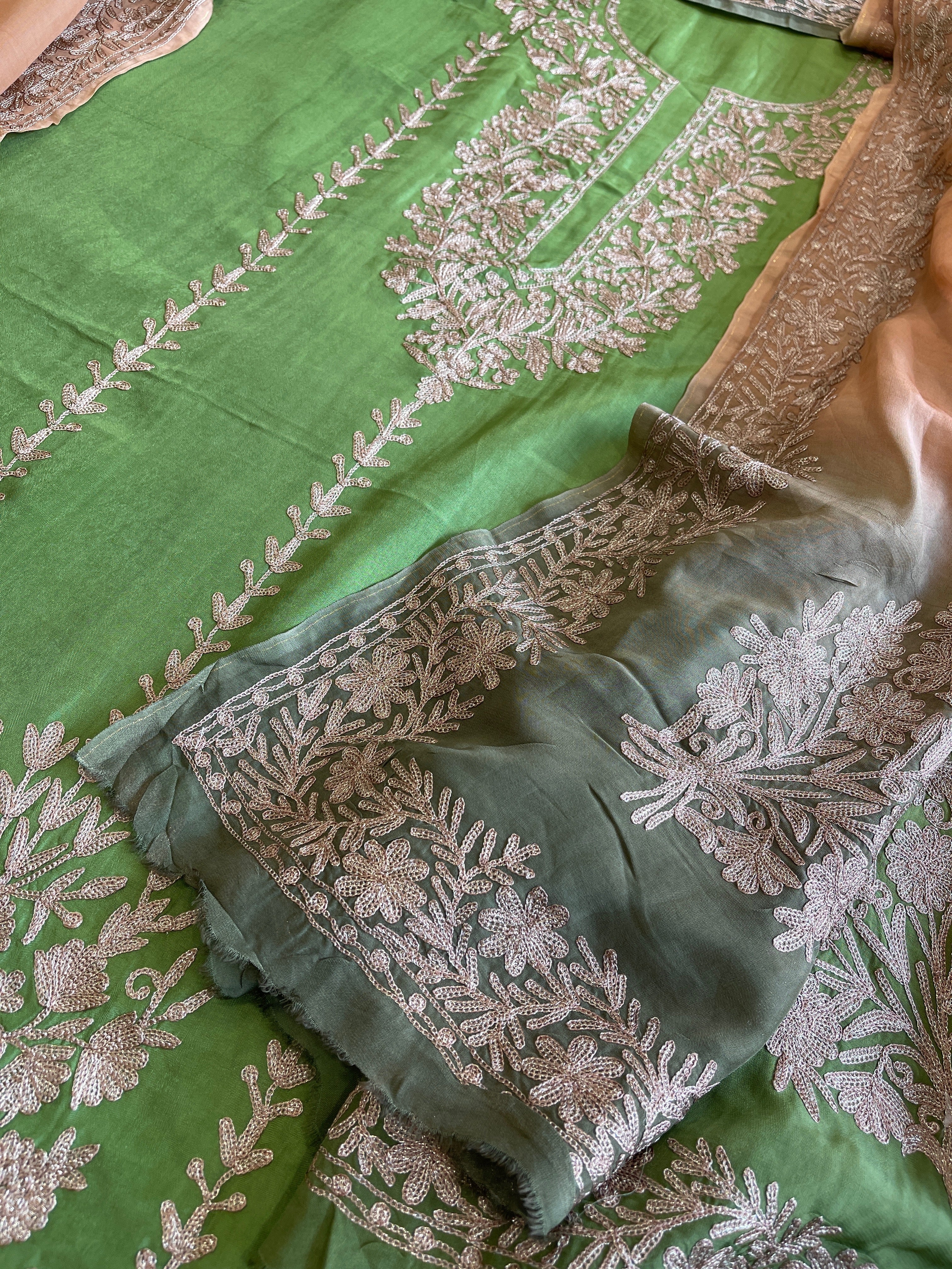 Suit Set with Kashmiri Tilla Work in Dola Silk - Masakalee
