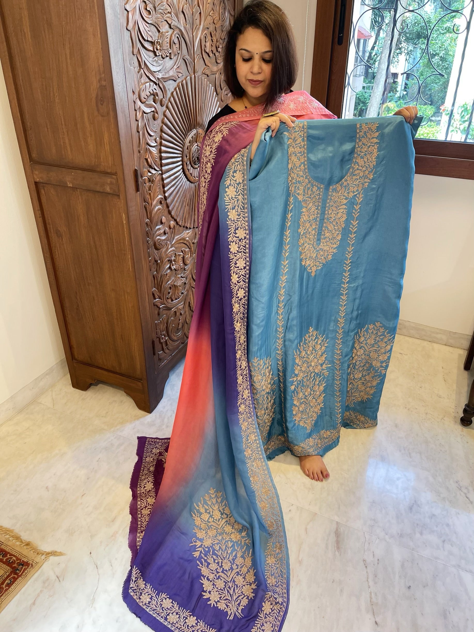 Suit Set with Kashmiri Tilla Work in Dola Silk - Masakalee