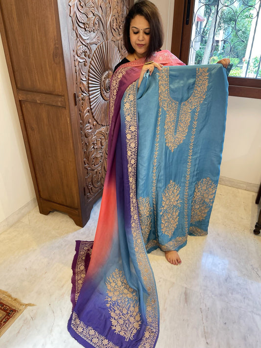 Suit Set with Kashmiri Tilla Work in Dola Silk - Masakalee