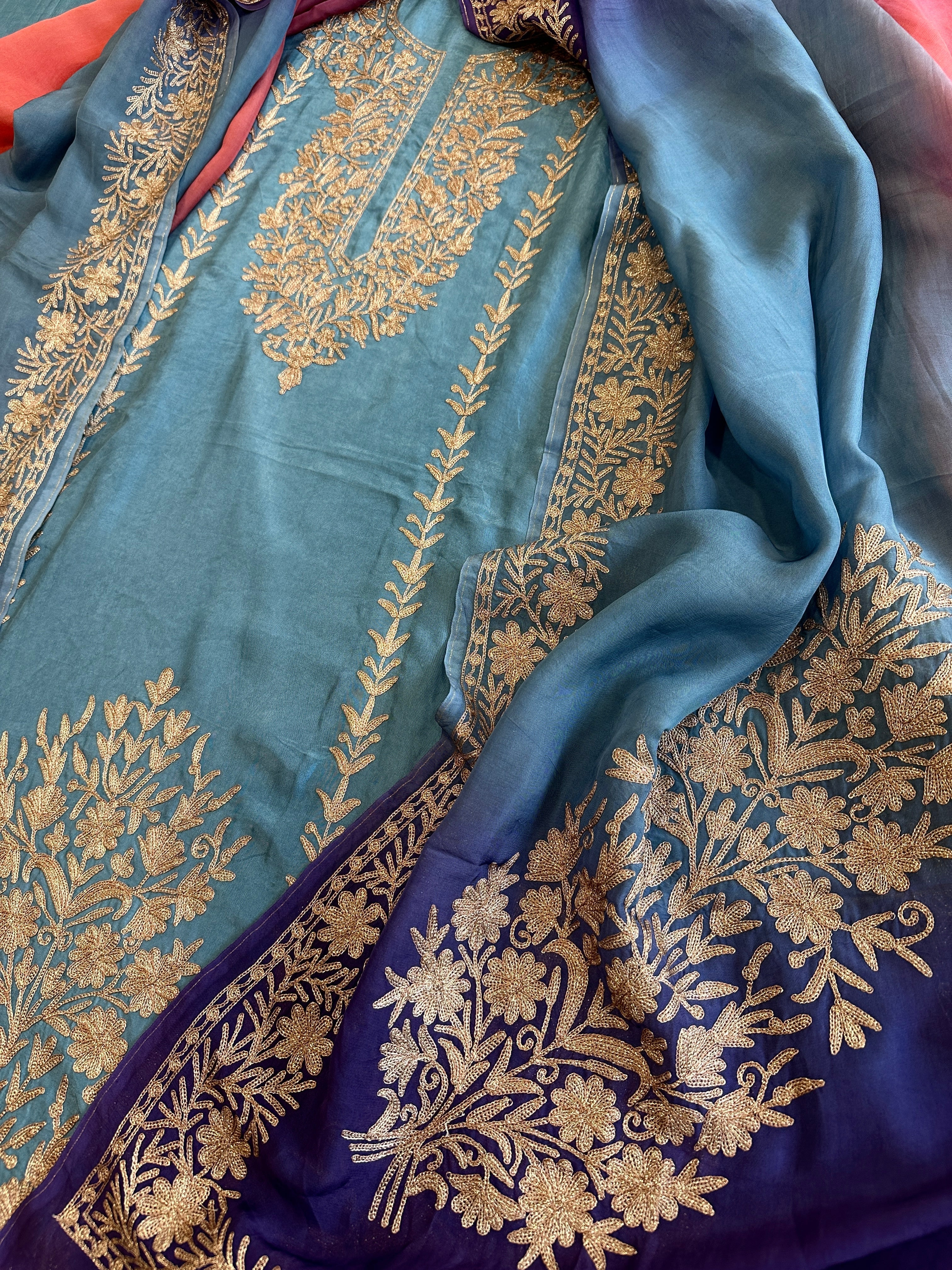 Suit Set with Kashmiri Tilla Work in Dola Silk - Masakalee