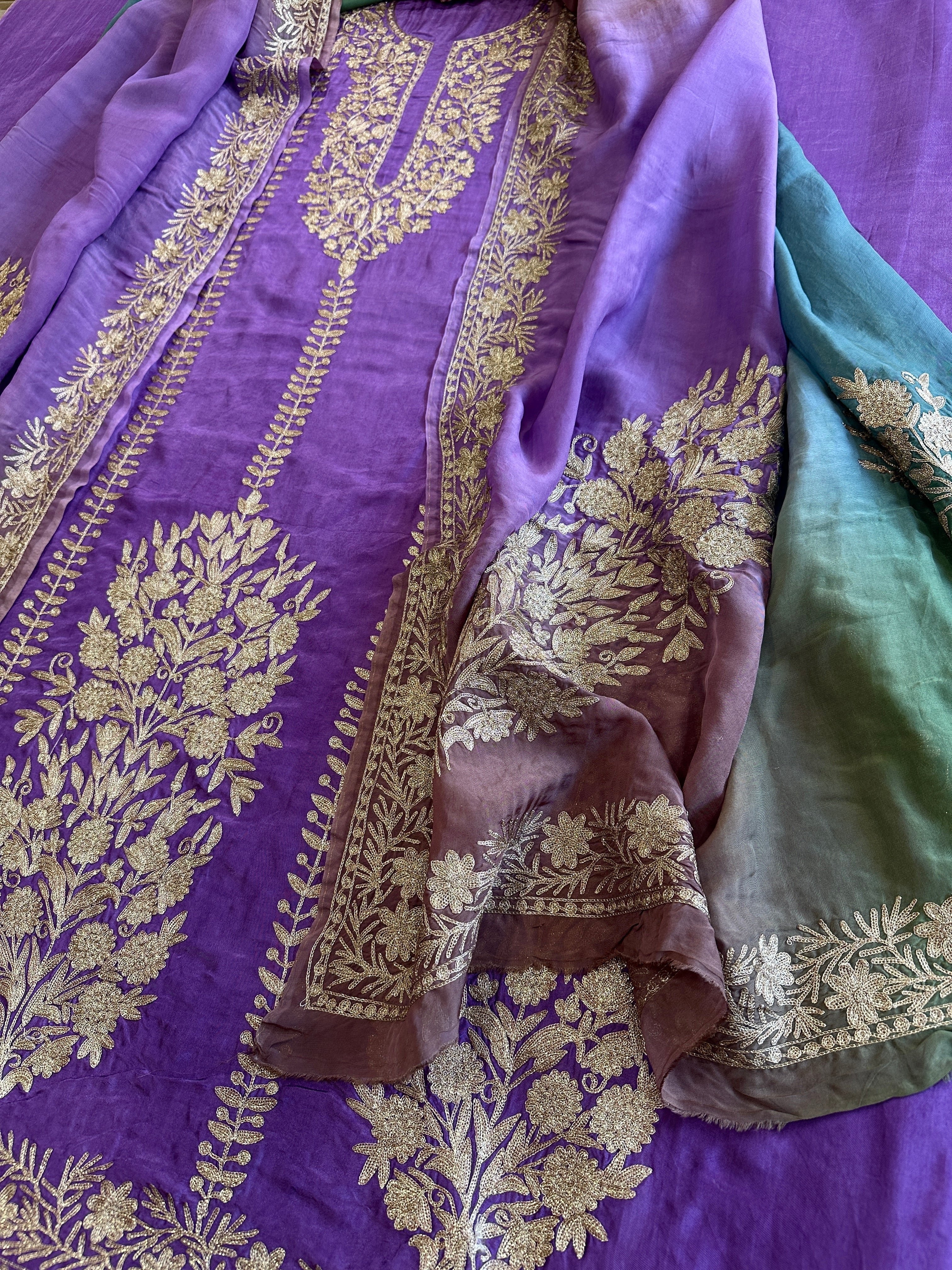 Suit Set with Kashmiri Tilla Work in Dola Silk - Masakalee