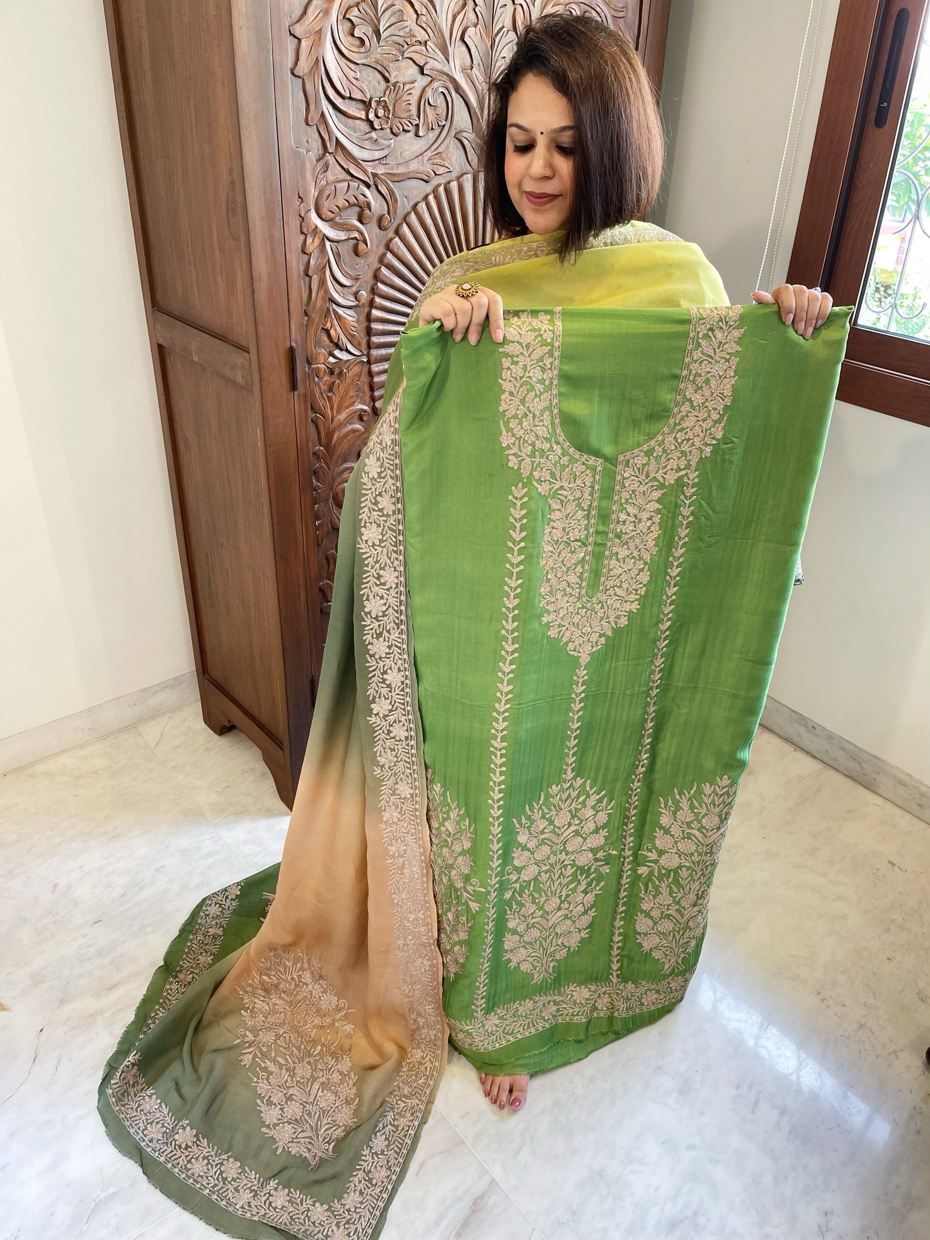 Suit Set with Kashmiri Tilla Work in Dola Silk - Masakalee