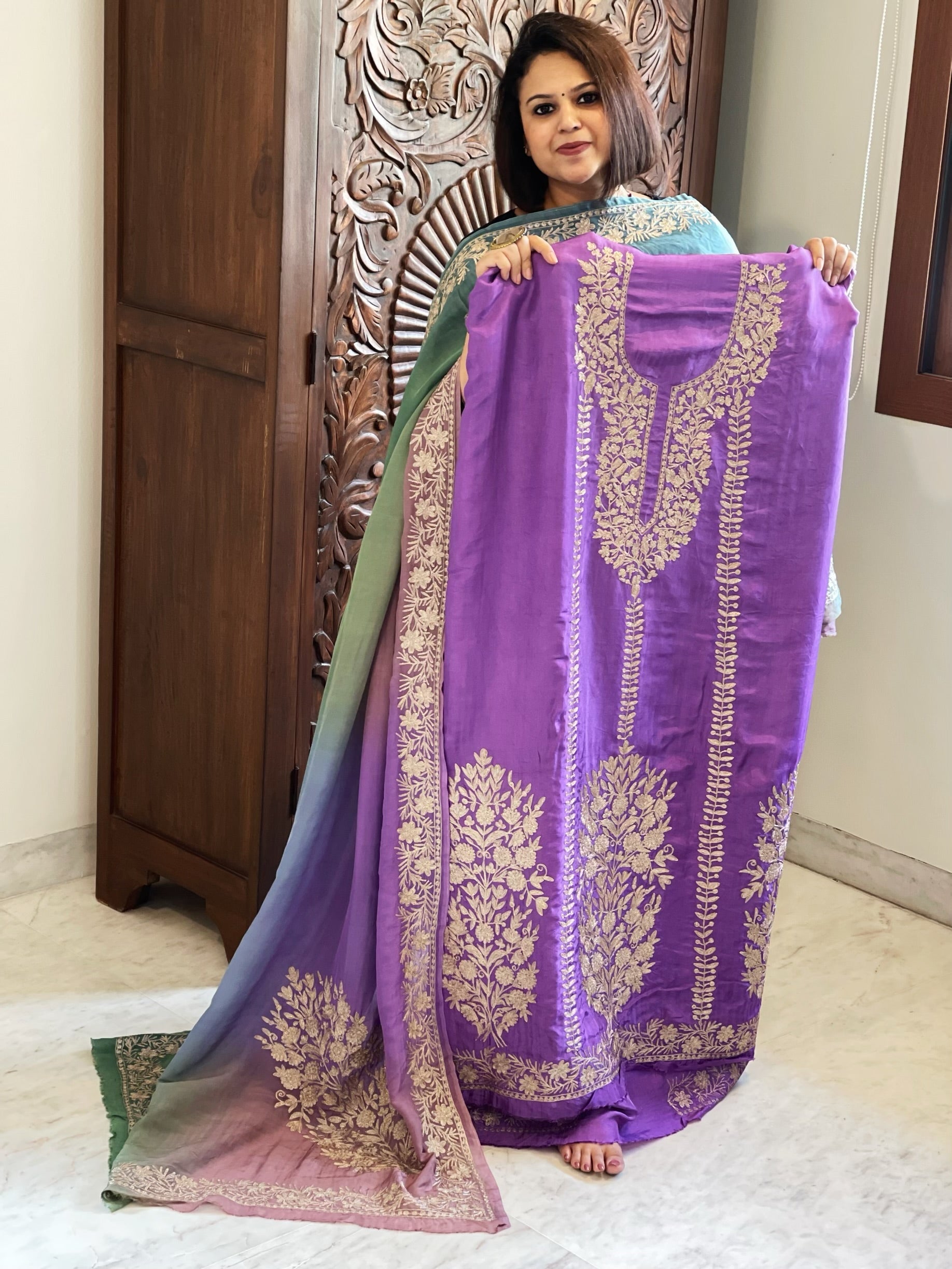 Suit Set with Kashmiri Tilla Work in Dola Silk - Masakalee