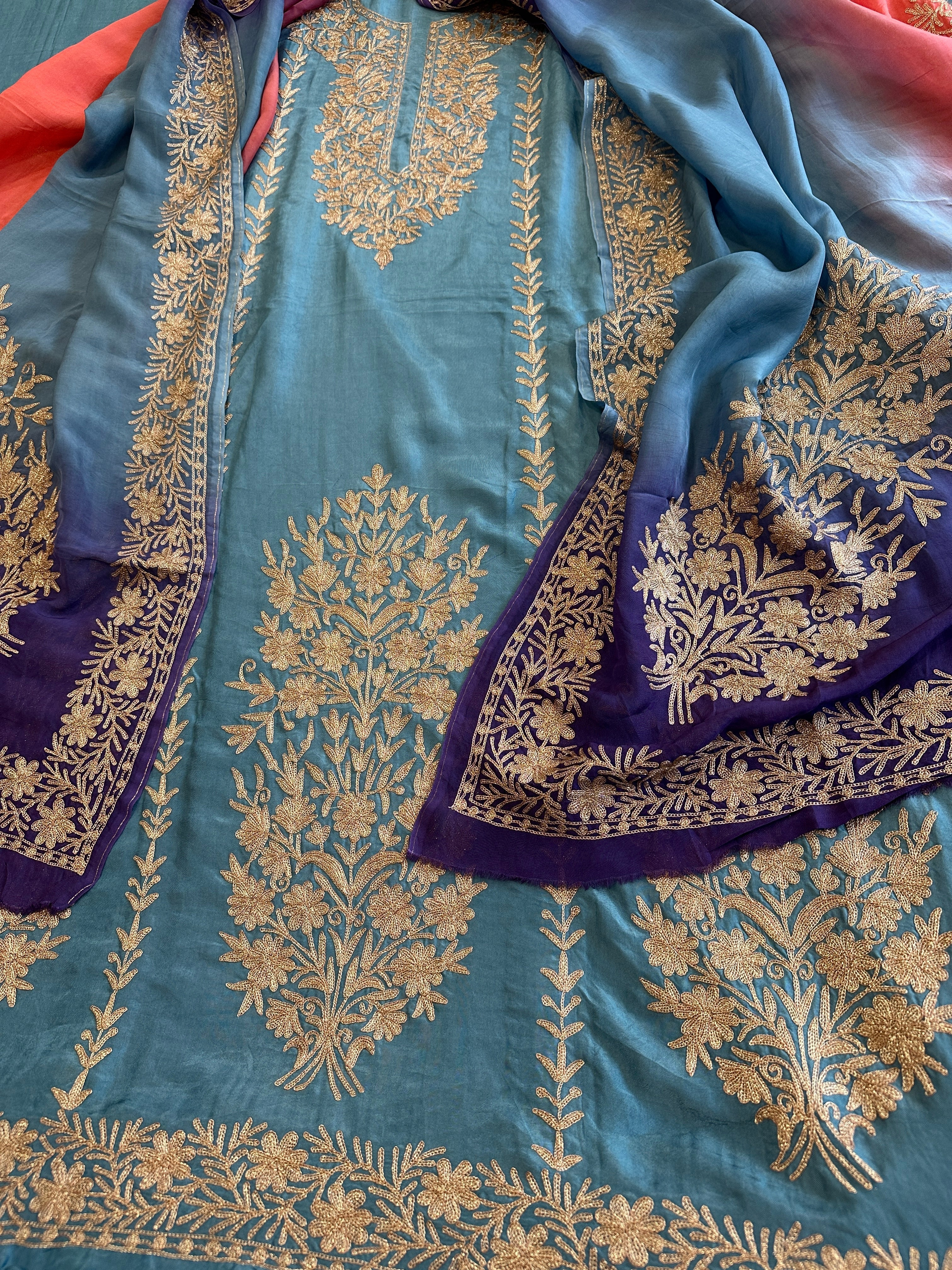 Suit Set with Kashmiri Tilla Work in Dola Silk - Masakalee