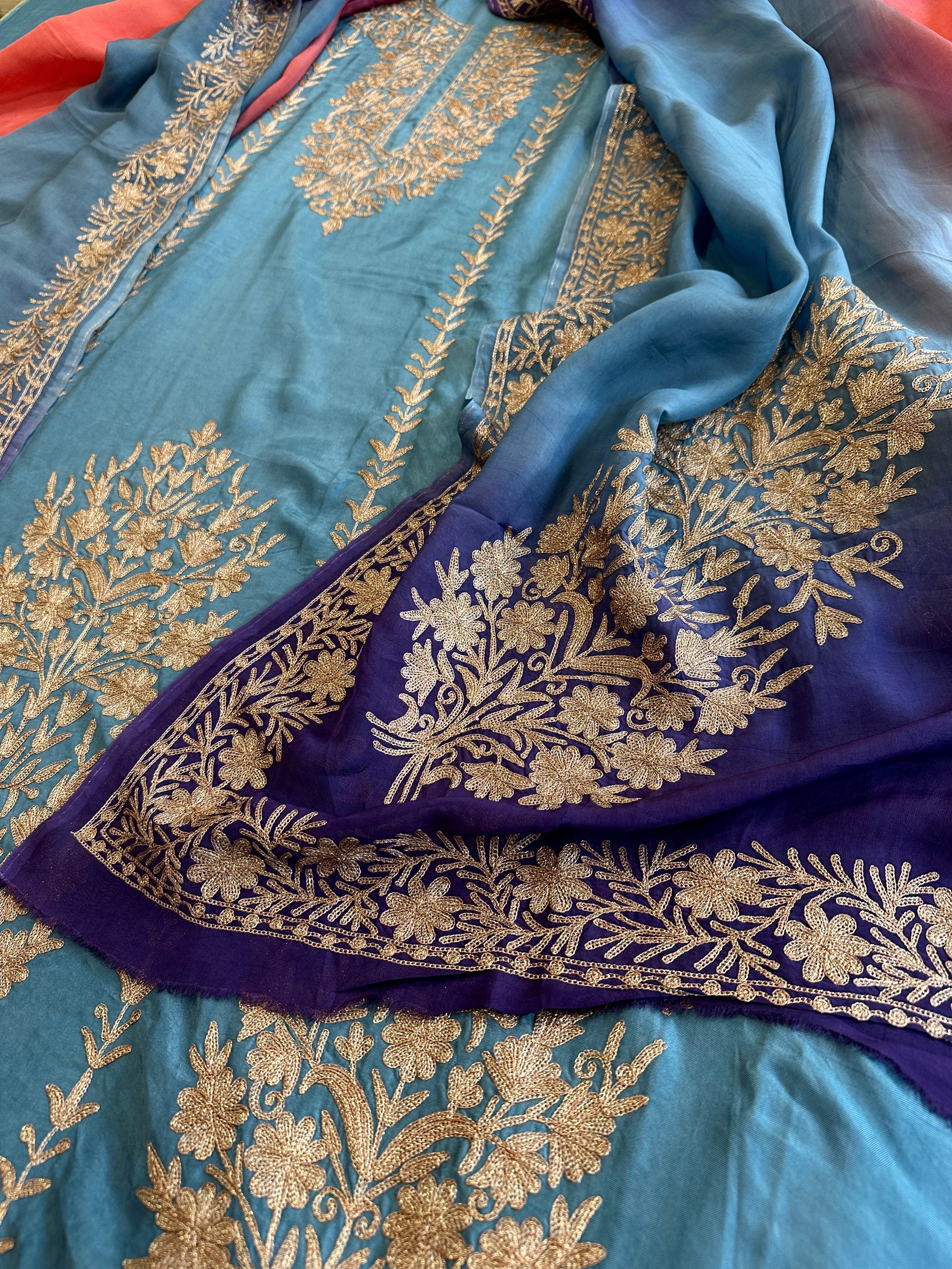 Suit Set with Kashmiri Tilla Work in Dola Silk - Masakalee