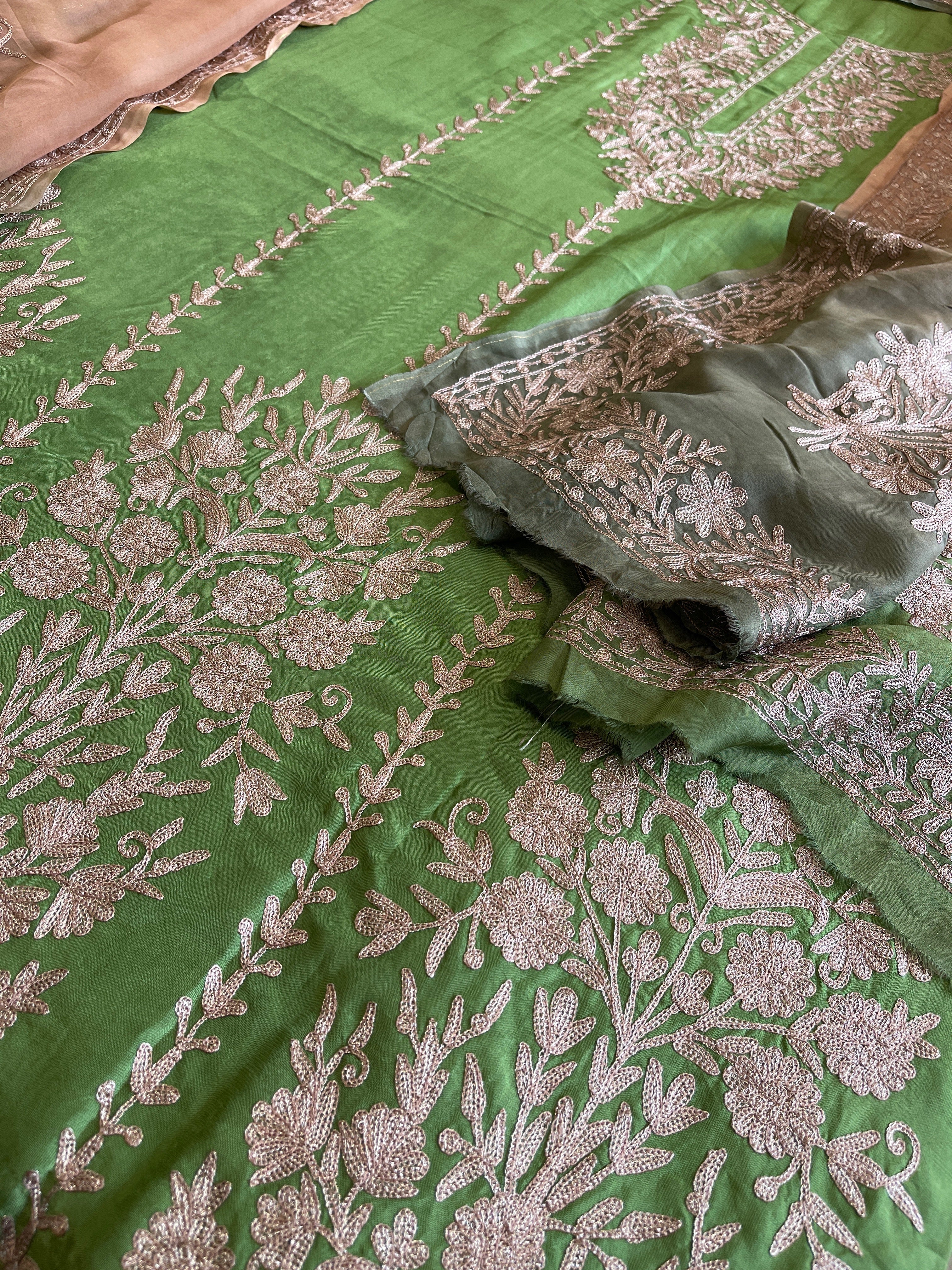 Suit Set with Kashmiri Tilla Work in Dola Silk - Masakalee