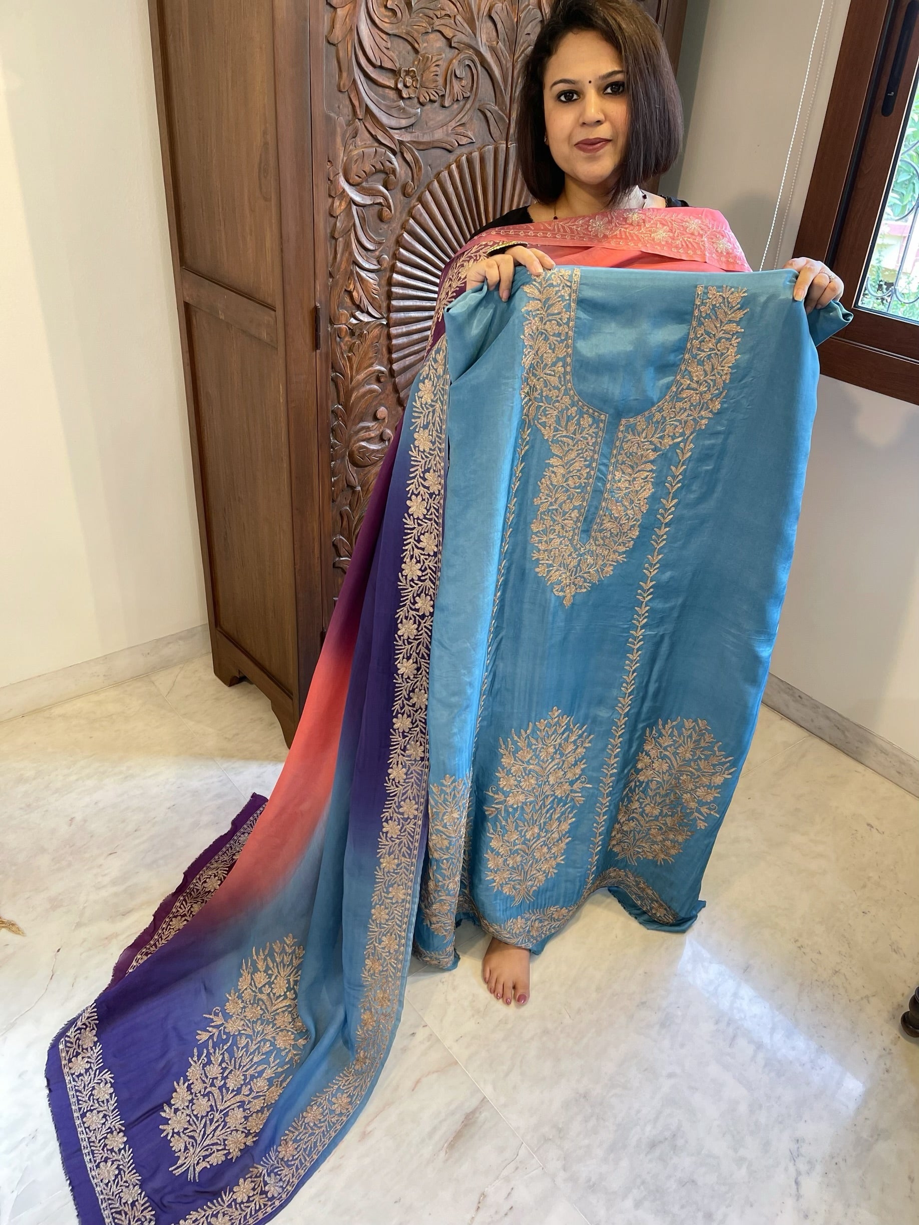 Suit Set with Kashmiri Tilla Work in Dola Silk - Masakalee