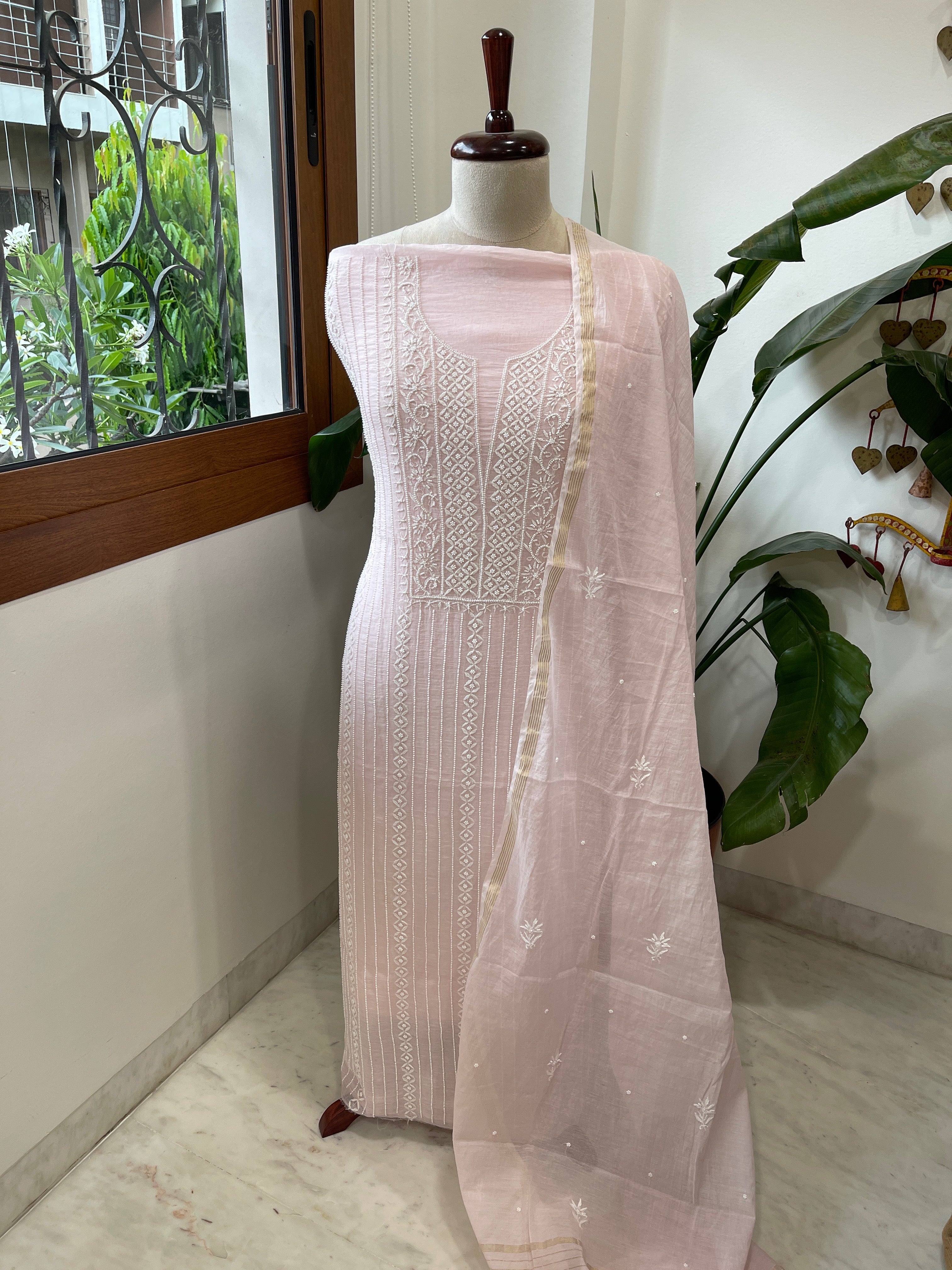 Suit Set with Lucknowi Handwork in Pure Mul Chanderi - Masakalee