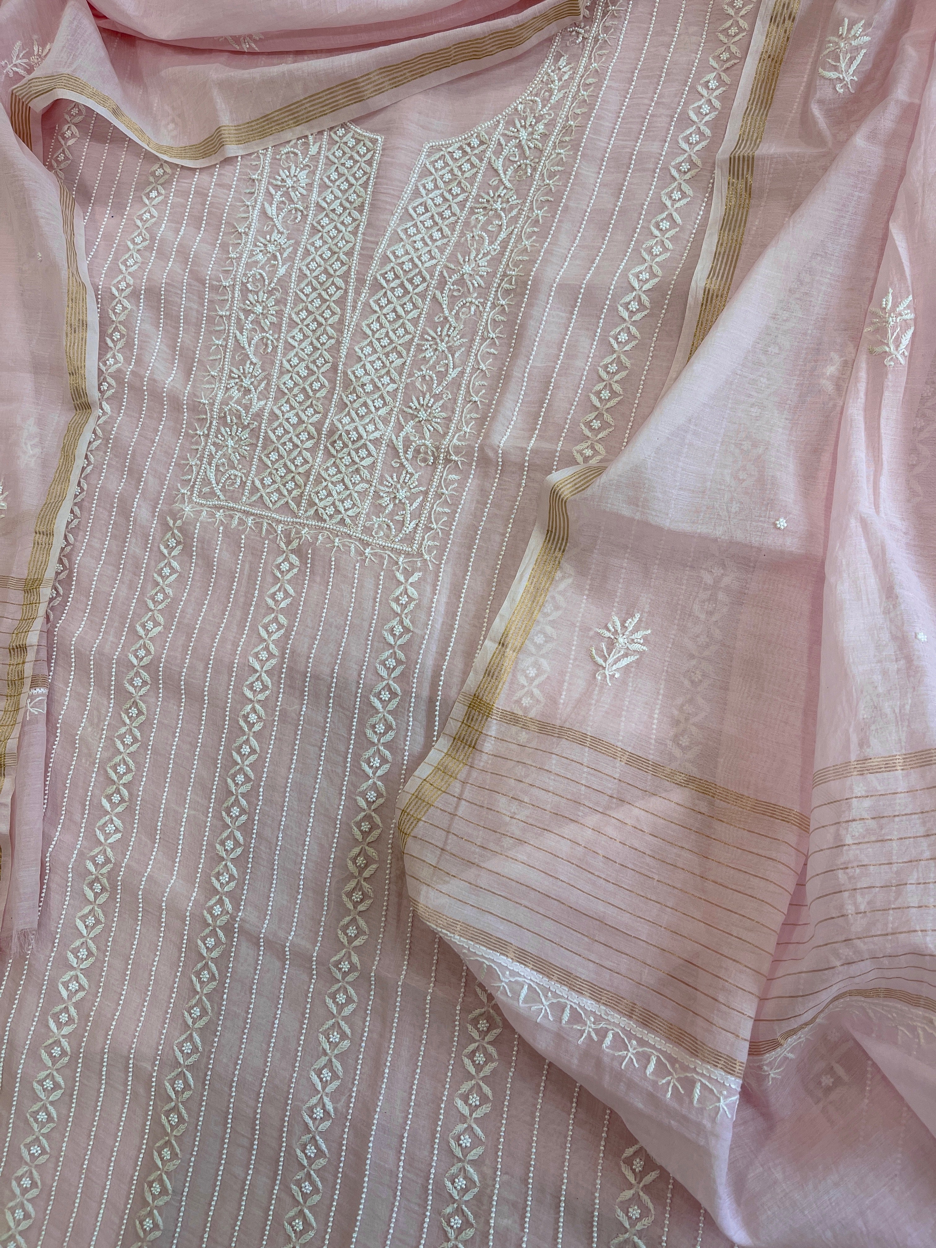 Suit Set with Lucknowi Handwork in Pure Mul Chanderi - Masakalee