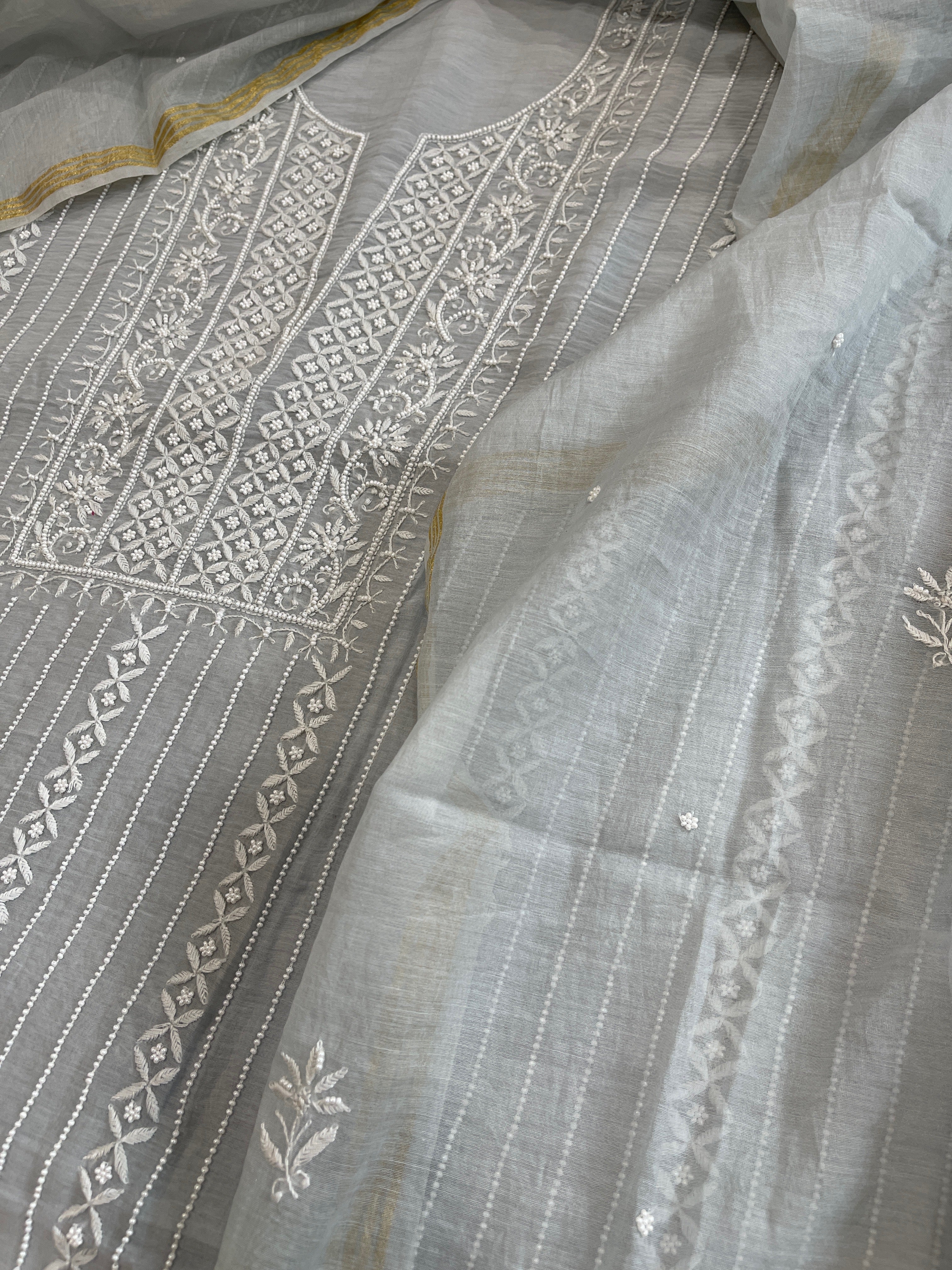 Suit Set with Lucknowi Handwork in Pure Mul Chanderi - Masakalee