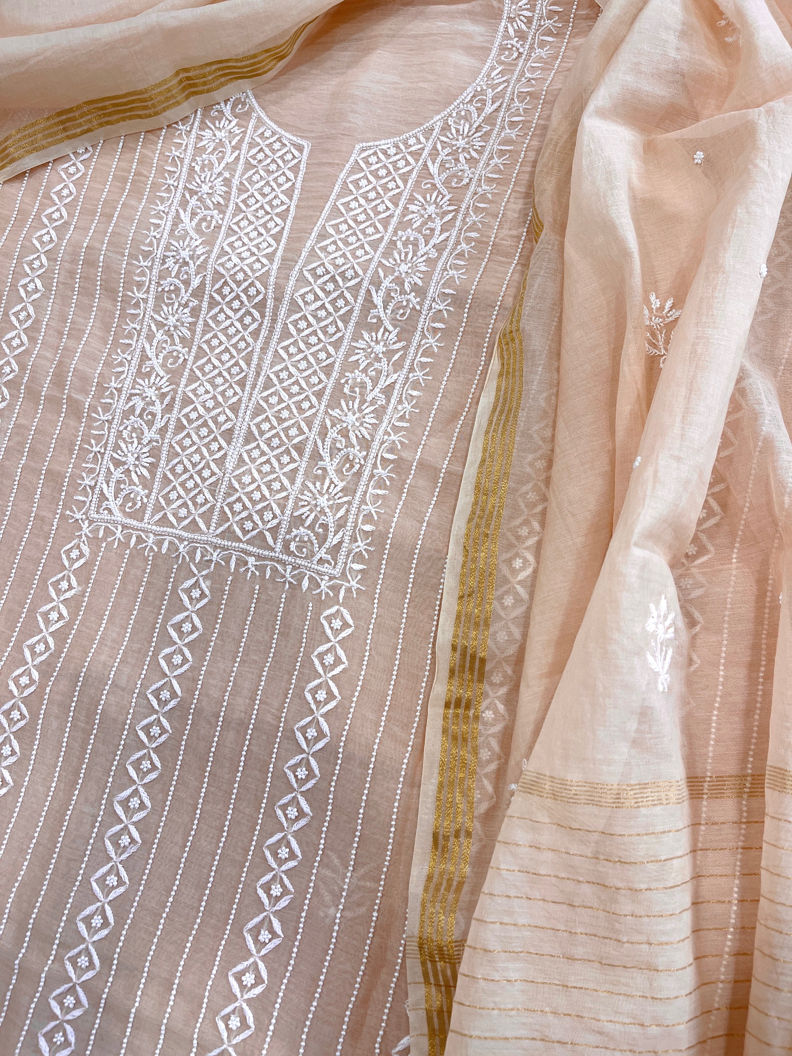 Suit Set with Lucknowi Handwork in Pure Mul Chanderi - Masakalee