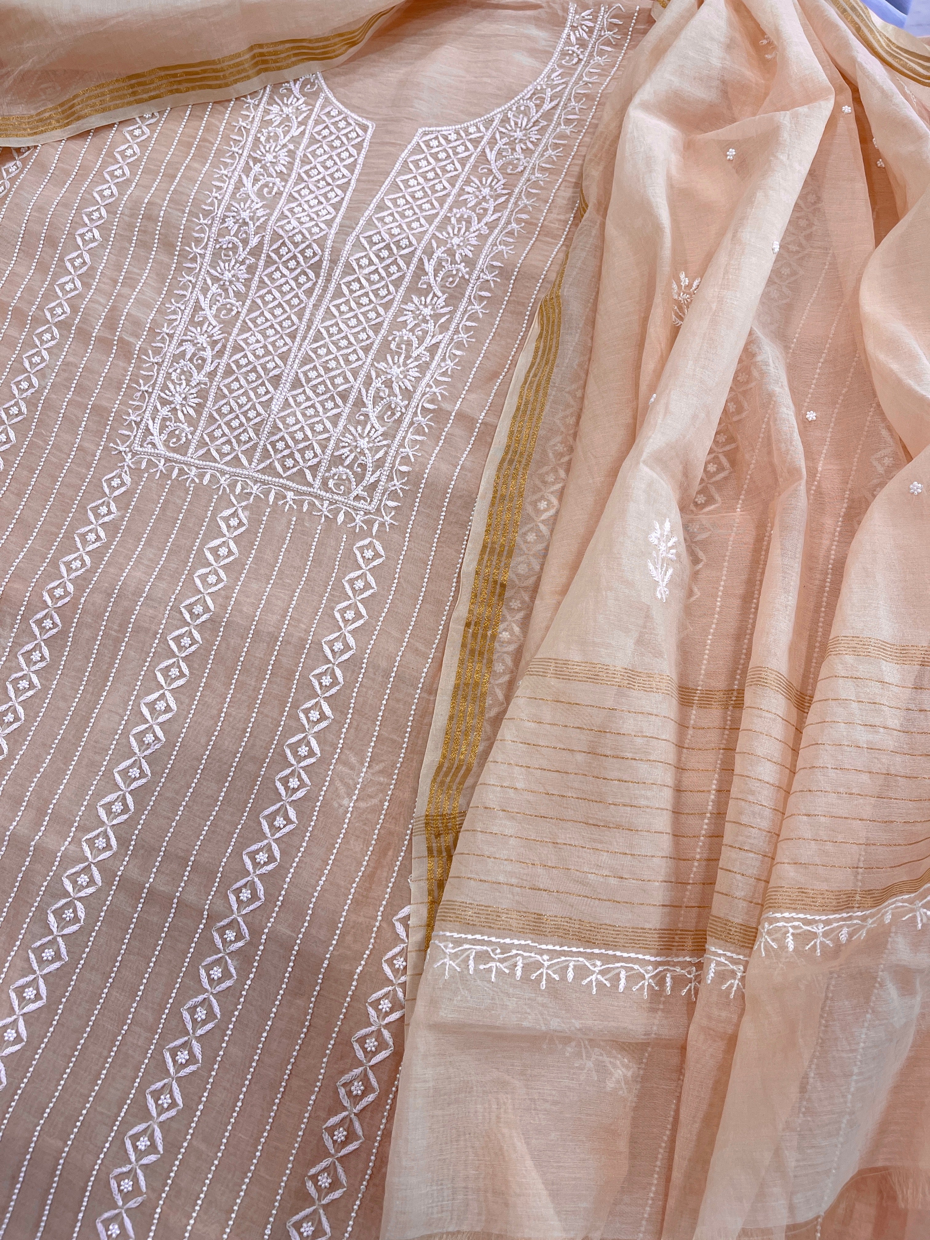 Suit Set with Lucknowi Handwork in Pure Mul Chanderi - Masakalee