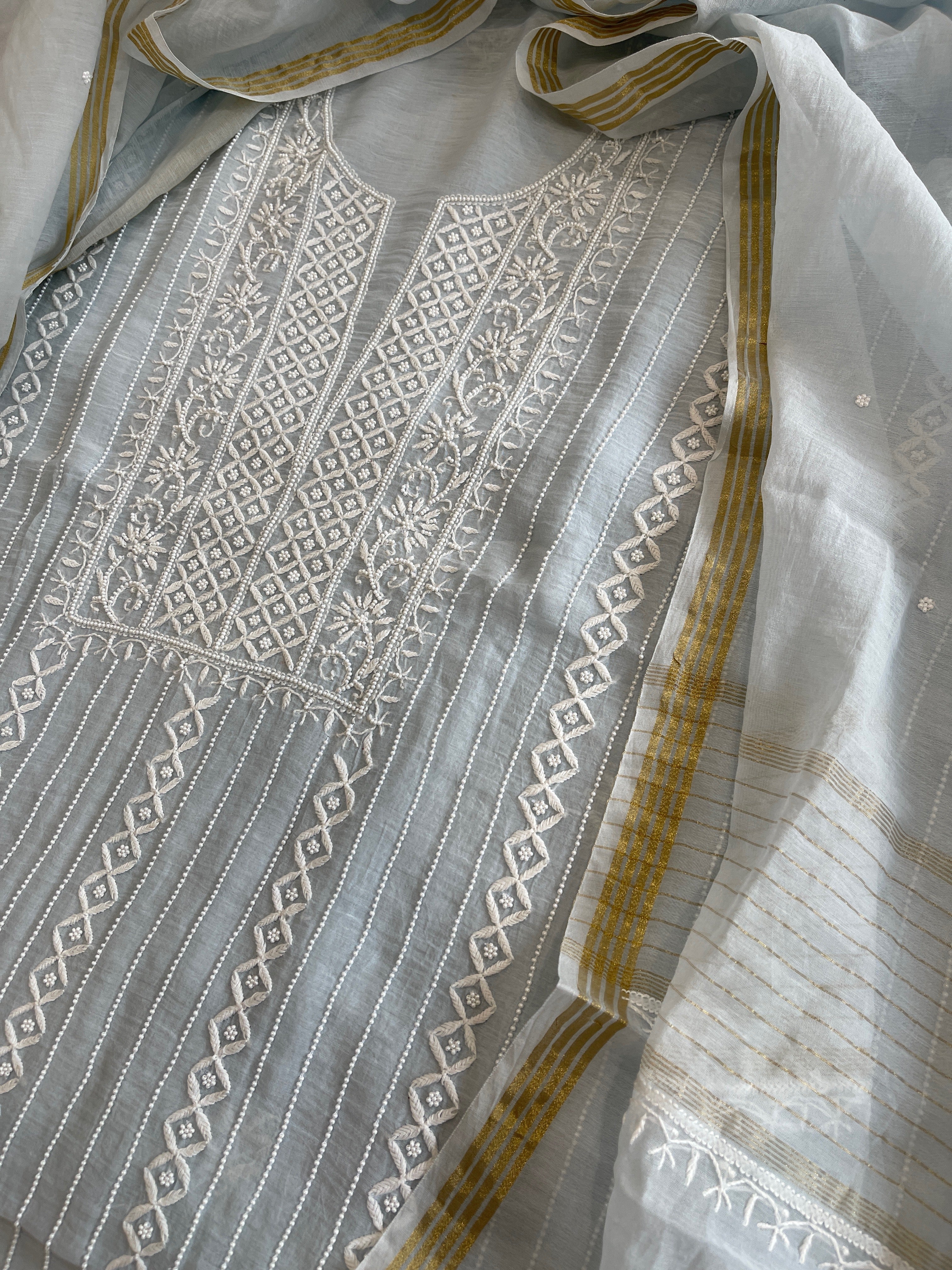 Suit Set with Lucknowi Handwork in Pure Mul Chanderi - Masakalee